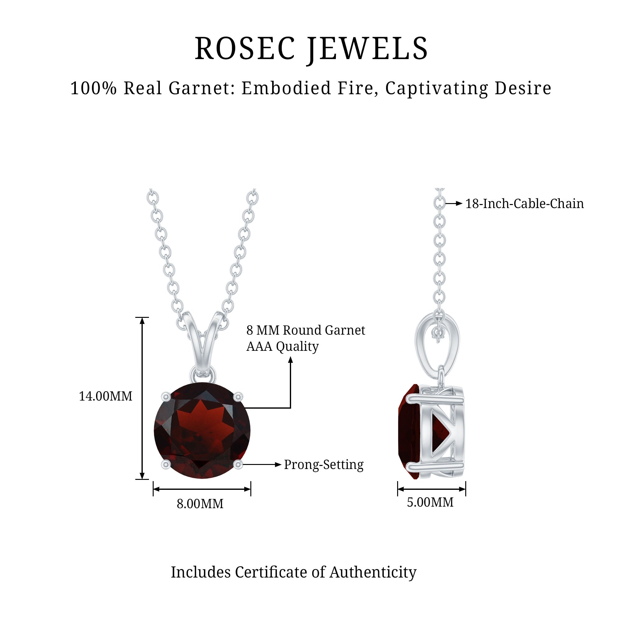 2.3 Carat Round Cut Garnet Solitaire Necklace with Rabbit Ear Bail AAA - Rosec Jewels