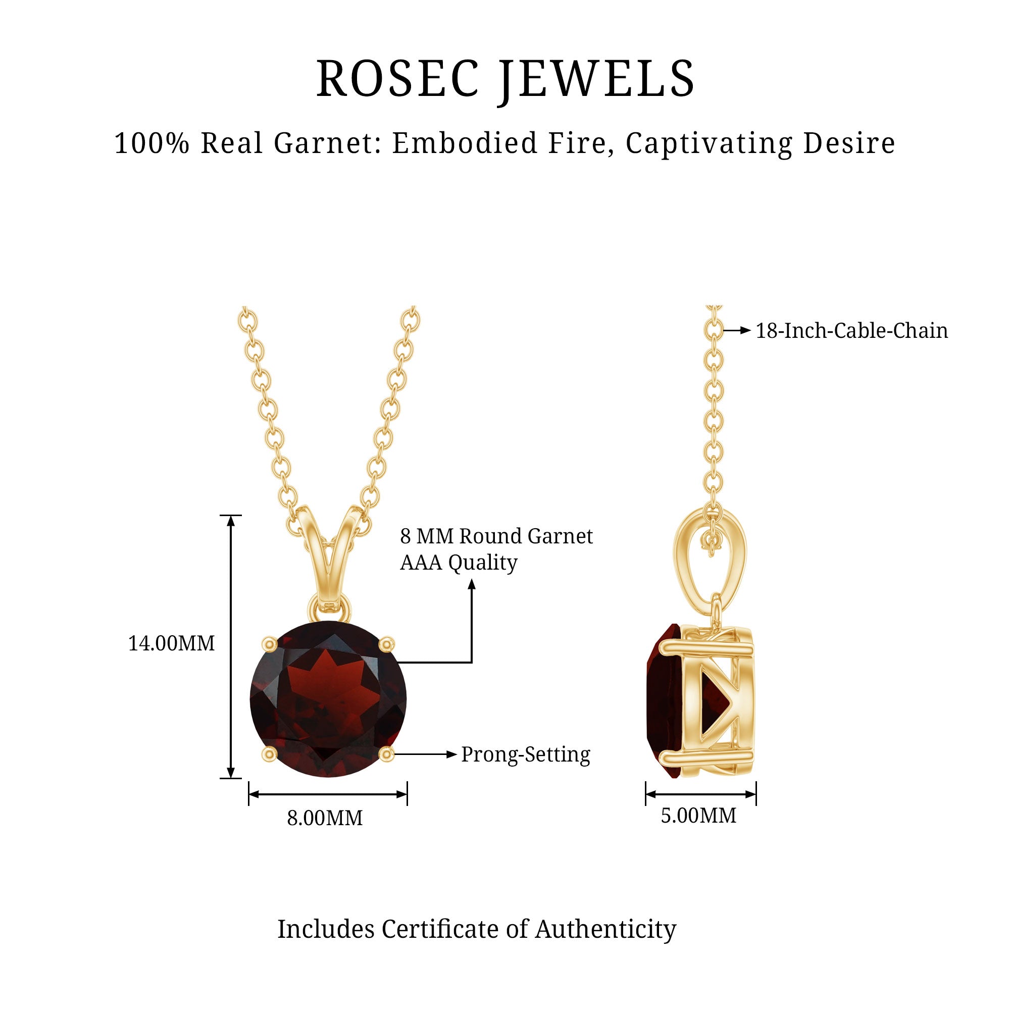 2.3 Carat Round Cut Garnet Solitaire Necklace with Rabbit Ear Bail AAA - Rosec Jewels