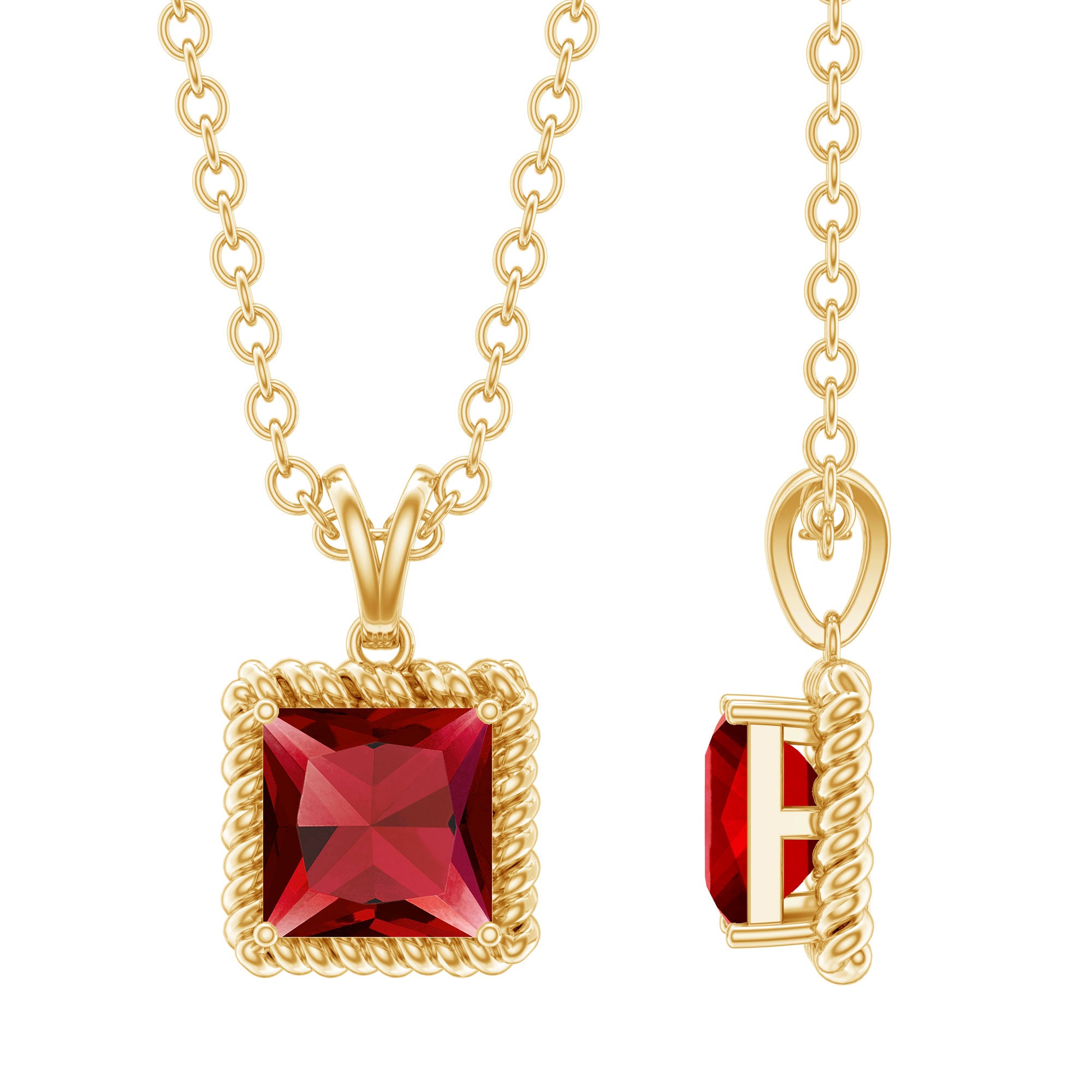 Rosec Jewels-Princess Cut Lab Created Ruby Solitaire Pendant with Rope Frame