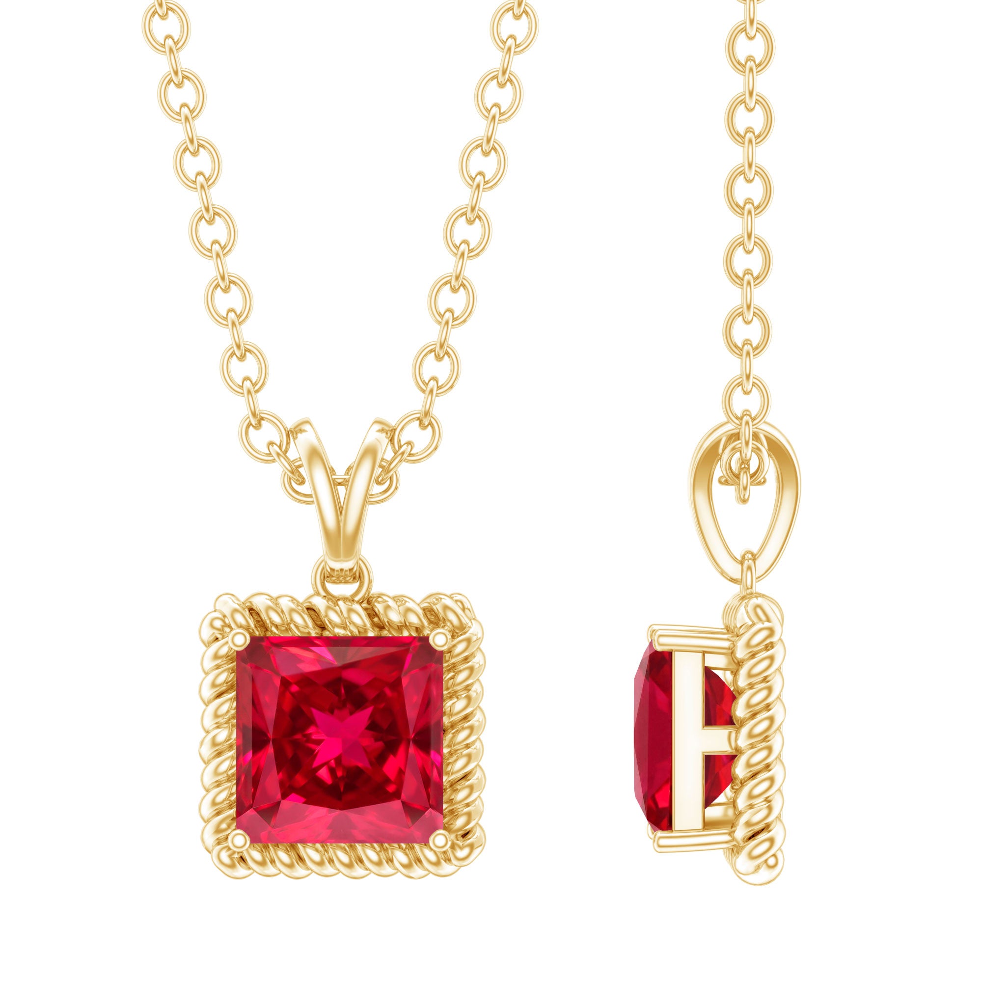 Princess Cut Lab Created Ruby Solitaire Pendant with Rope Frame AAAA 14K Yellow Gold Plated Silver - Rosec Jewels