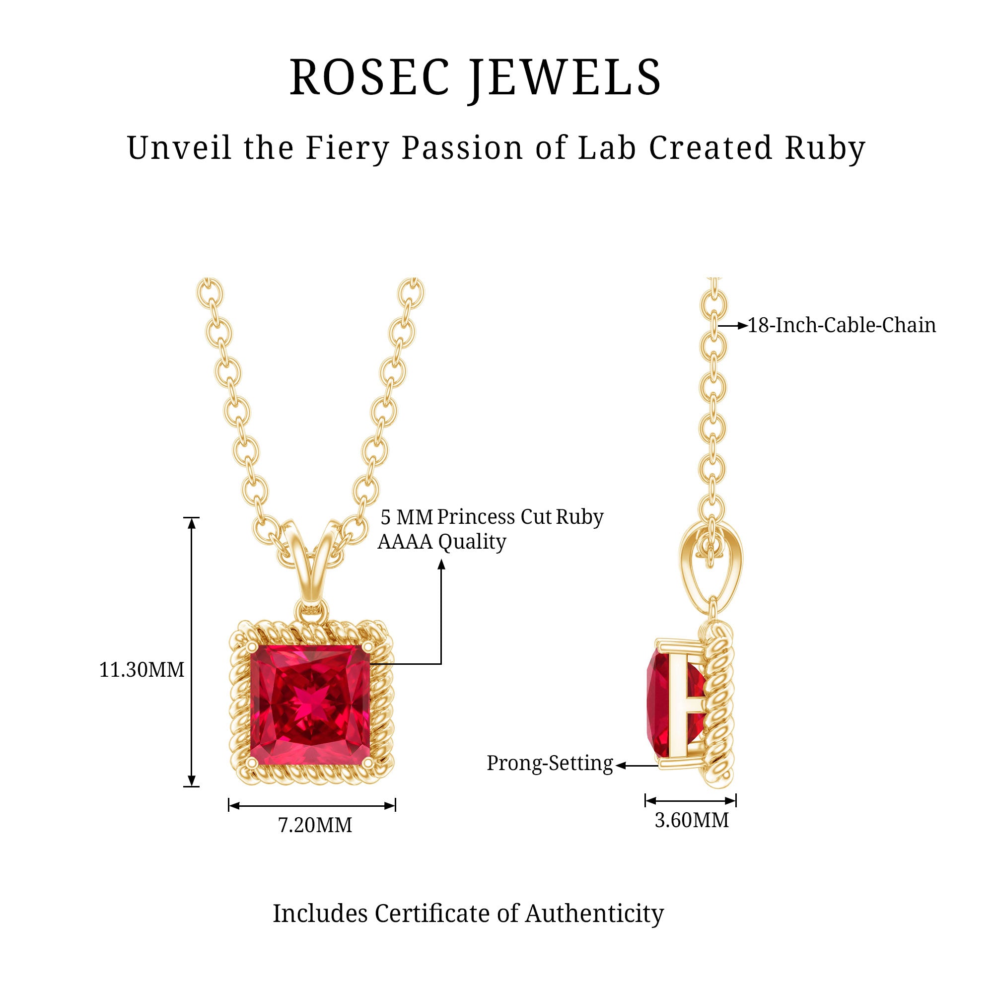 Princess Cut Lab Created Ruby Solitaire Pendant with Rope Frame AAAA 14K Yellow Gold Plated Silver - Rosec Jewels