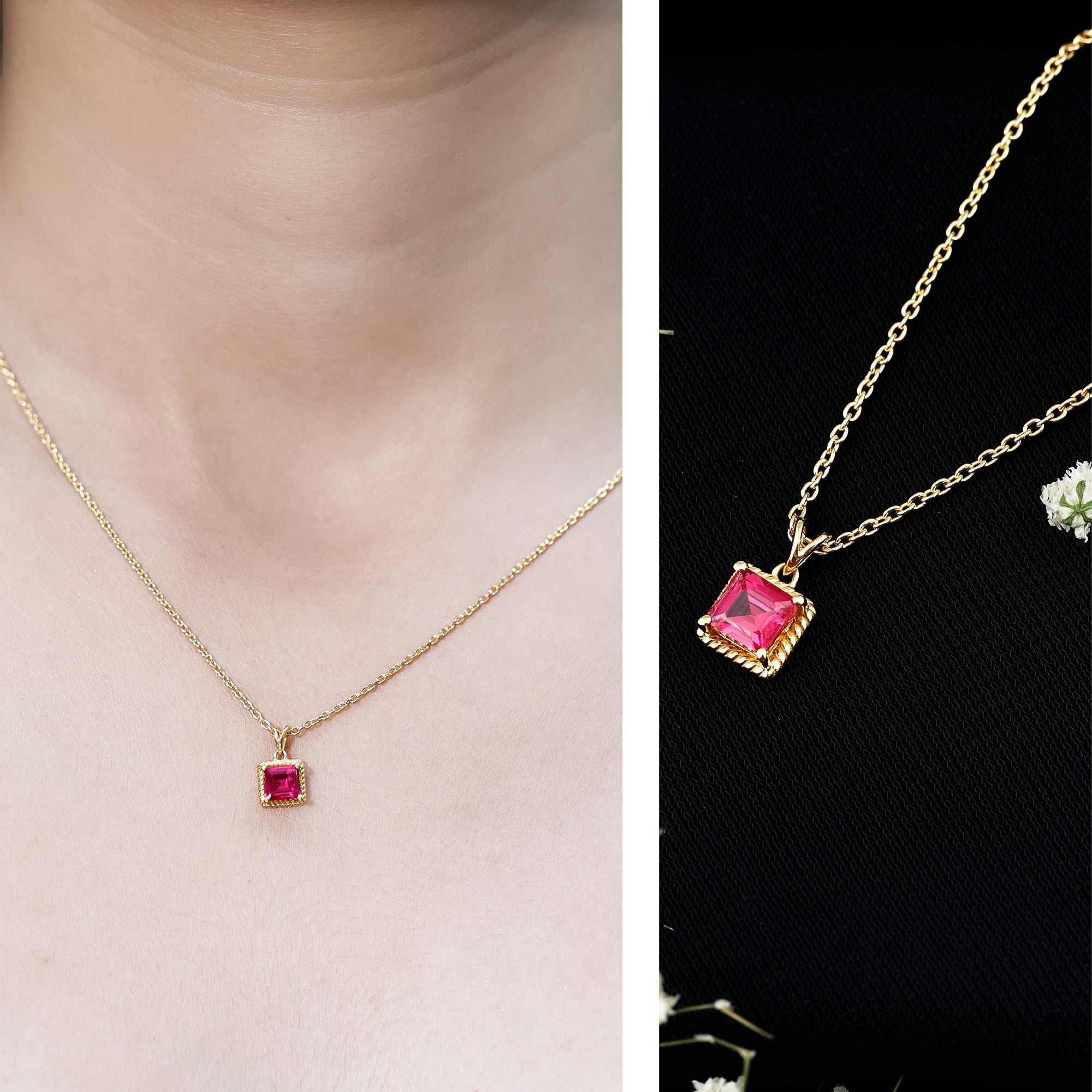 Princess Cut Lab Created Ruby Solitaire Pendant with Rope Frame AAAA 14K Yellow Gold Plated Silver - Rosec Jewels