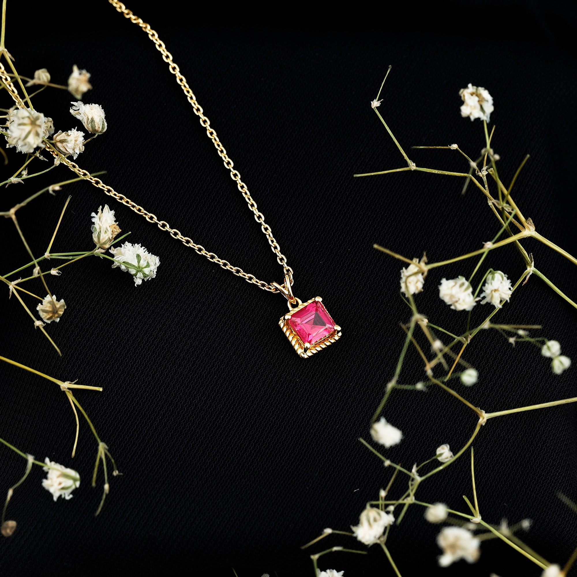 Princess Cut Lab Created Ruby Solitaire Pendant with Rope Frame AAAA 14K Yellow Gold Plated Silver - Rosec Jewels