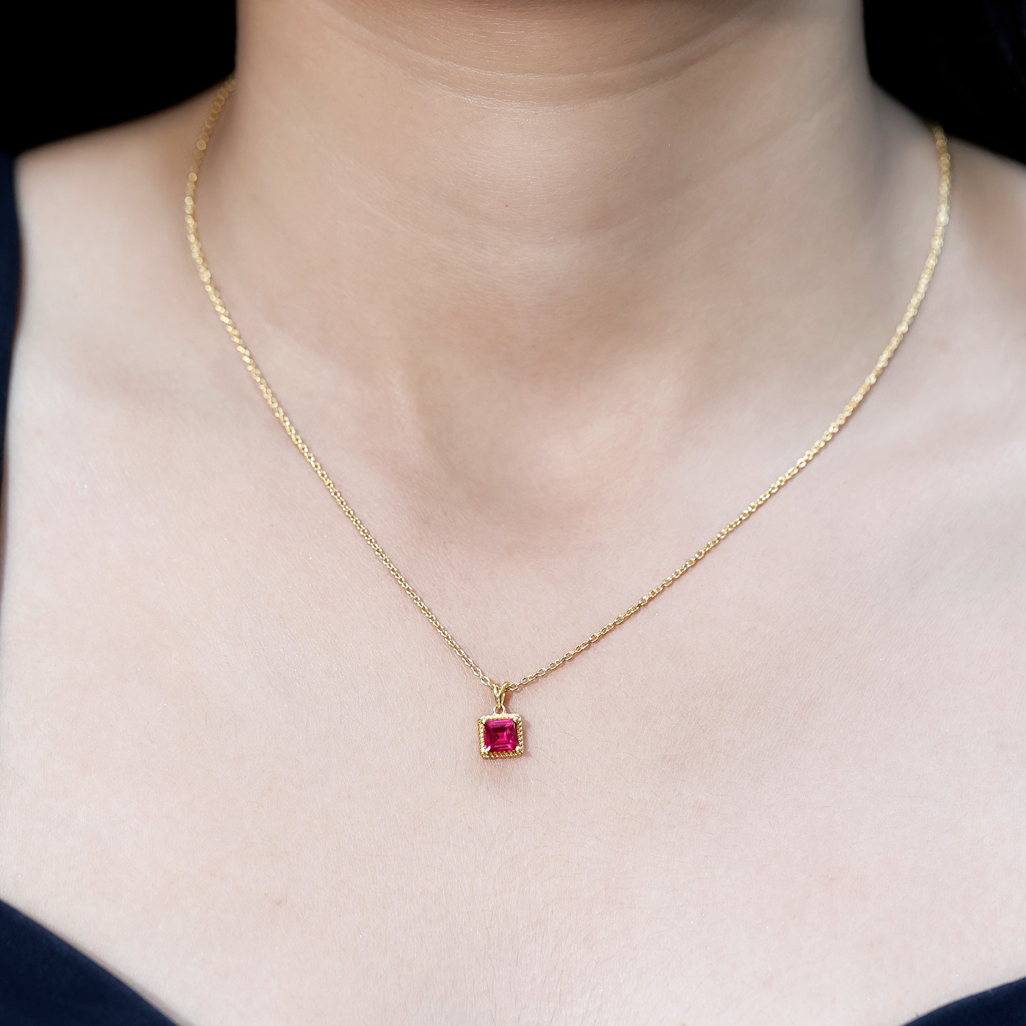 Princess Cut Lab Created Ruby Solitaire Pendant with Rope Frame AAAA 14K Yellow Gold Plated Silver - Rosec Jewels