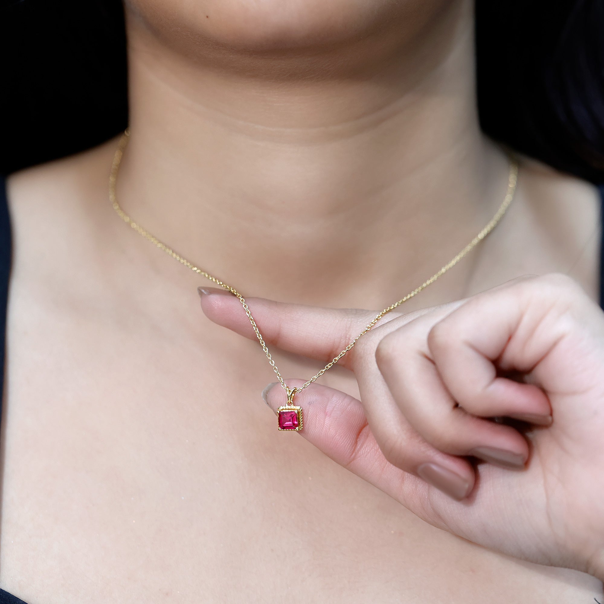 Princess Cut Lab Created Ruby Solitaire Pendant with Rope Frame AAAA 14K Yellow Gold Plated Silver - Rosec Jewels