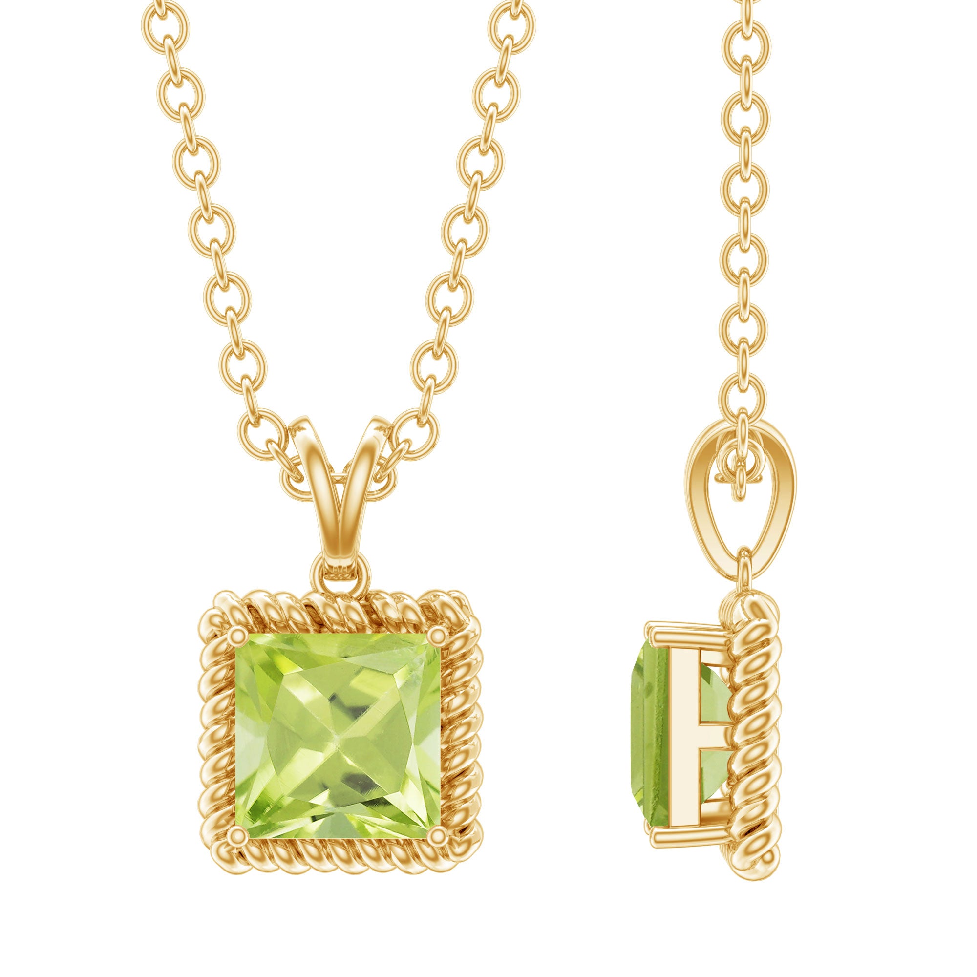 Genuine Princess Cut Peridot Pendant Necklace With Silver Chain AAA 14K Yellow Gold Plated Silver - Rosec Jewels