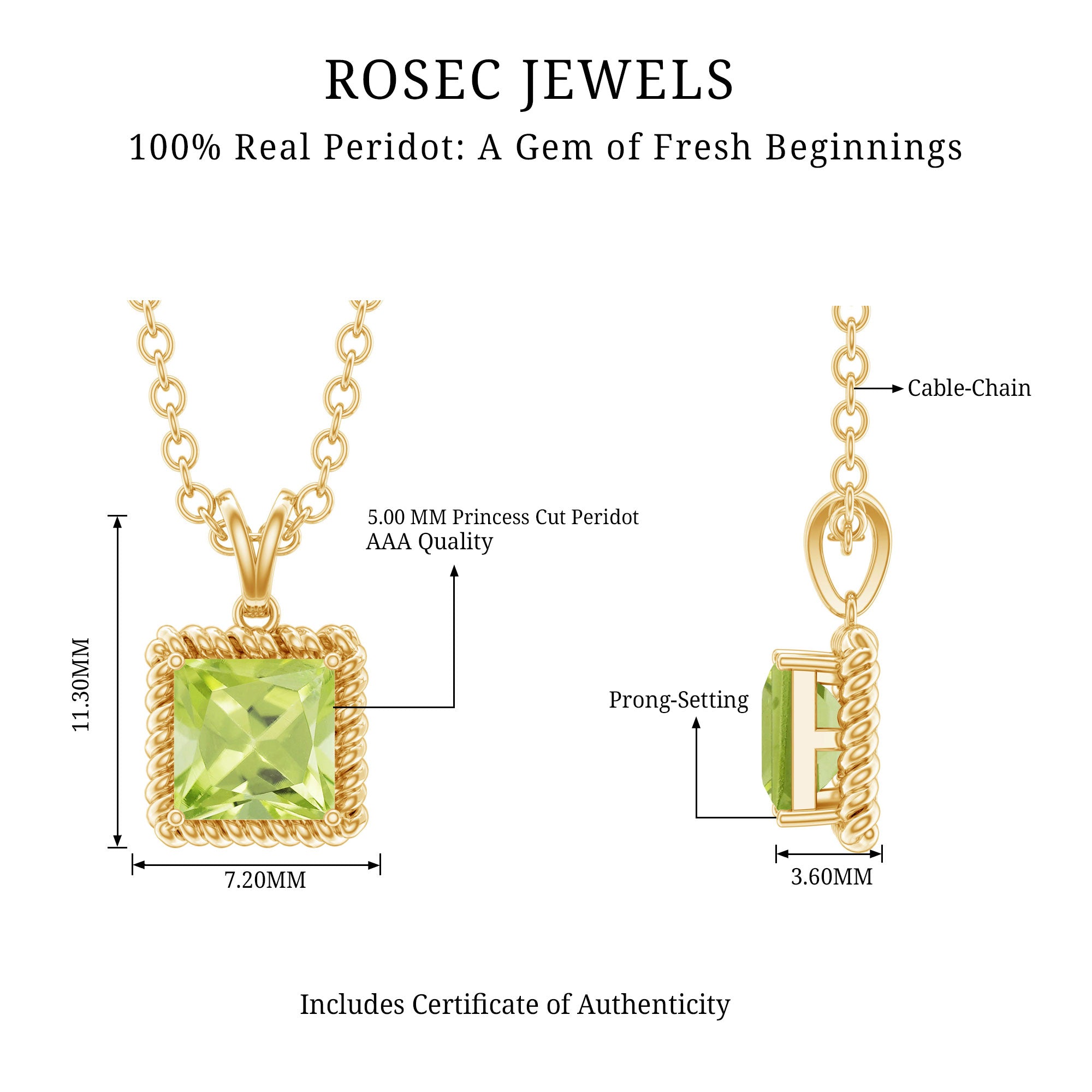 Genuine Princess Cut Peridot Pendant Necklace With Silver Chain AAA 14K Yellow Gold Plated Silver - Rosec Jewels
