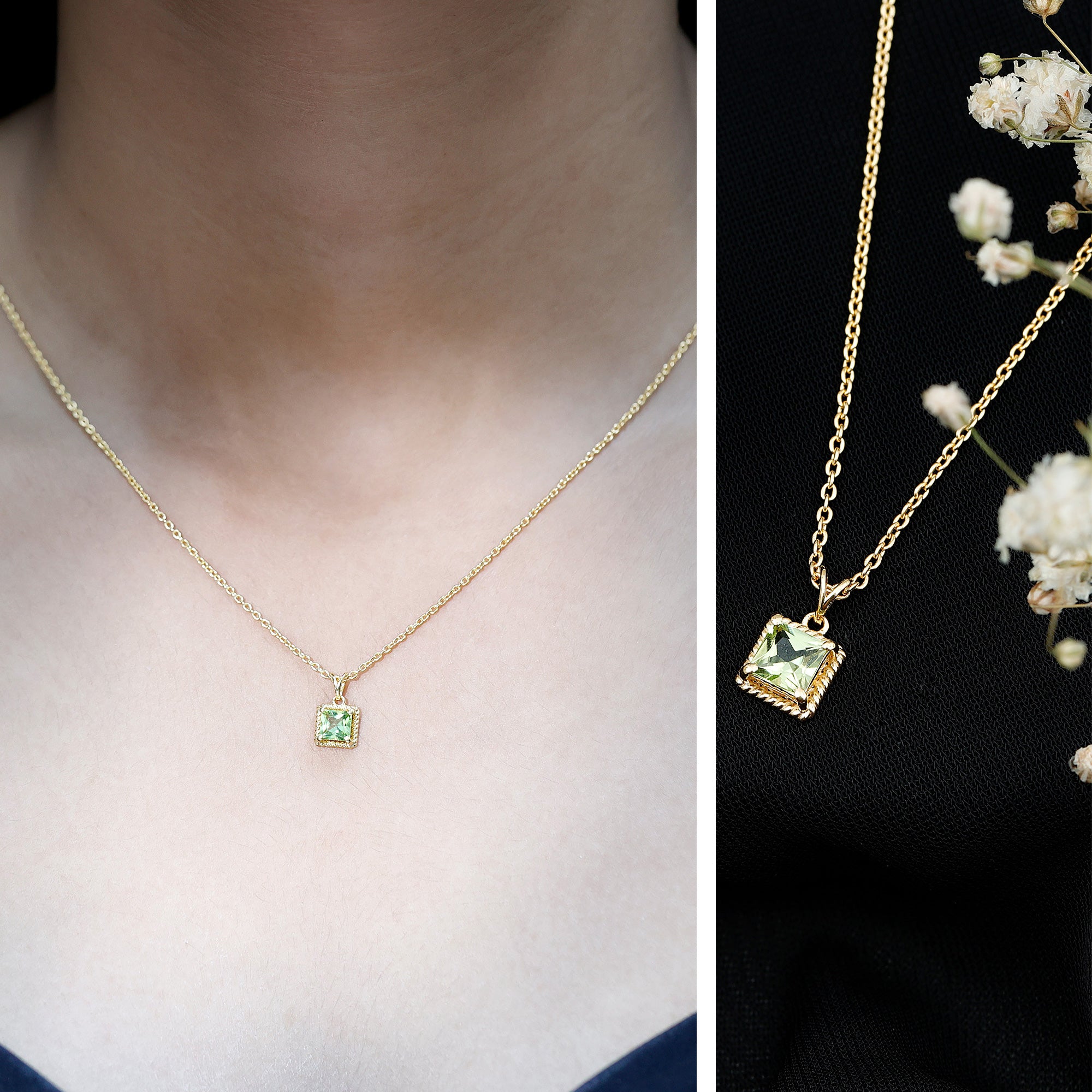 Genuine Princess Cut Peridot Pendant Necklace With Silver Chain AAA 14K Yellow Gold Plated Silver - Rosec Jewels