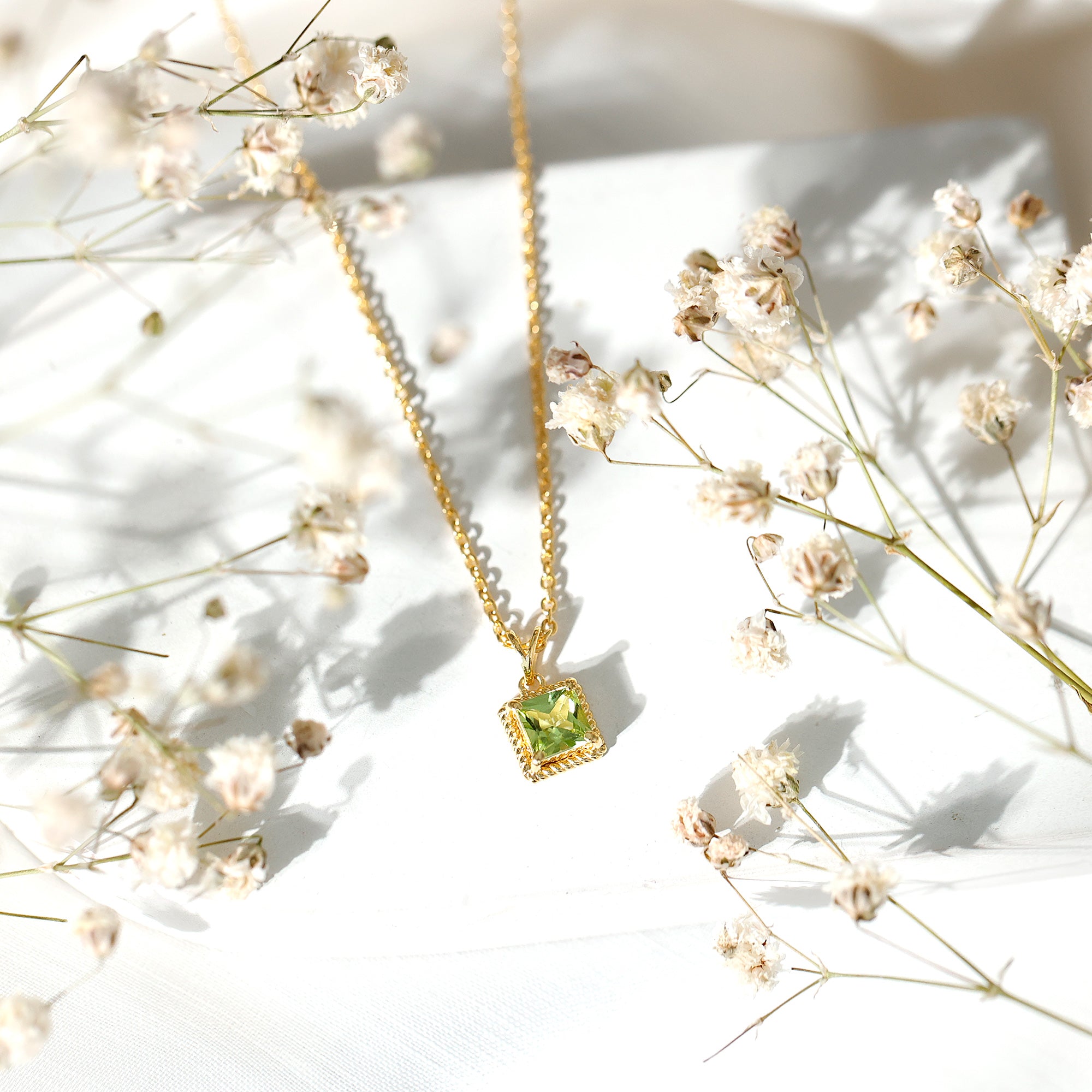Genuine Princess Cut Peridot Pendant Necklace With Silver Chain AAA 14K Yellow Gold Plated Silver - Rosec Jewels