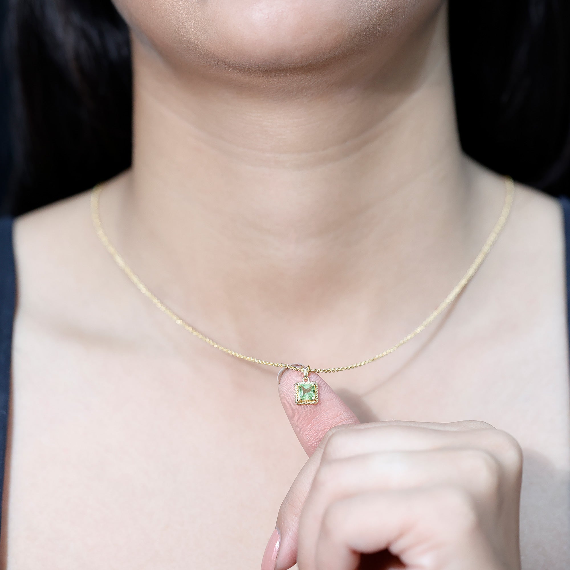 Genuine Princess Cut Peridot Pendant Necklace With Silver Chain AAA 14K Yellow Gold Plated Silver - Rosec Jewels