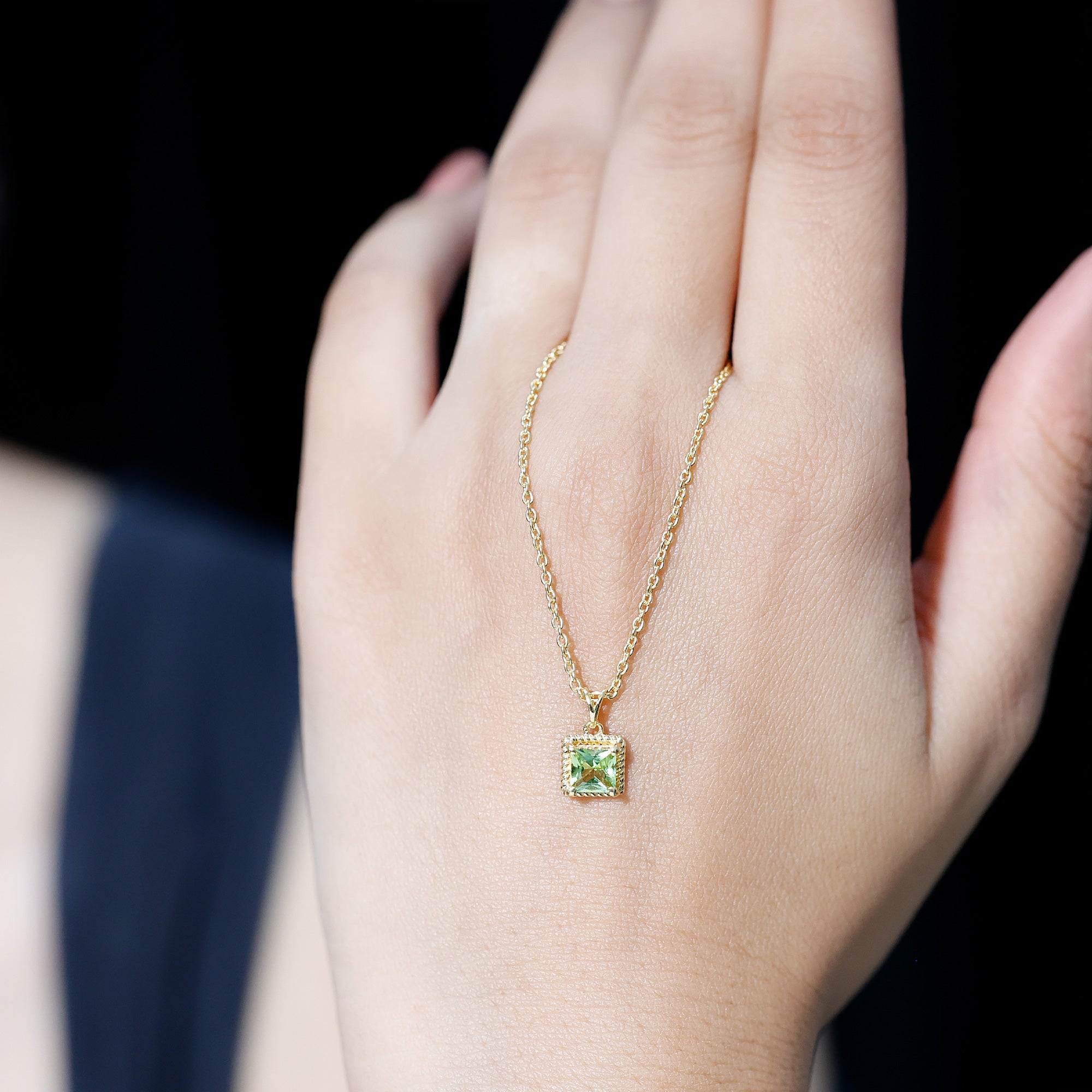 Genuine Princess Cut Peridot Pendant Necklace With Silver Chain AAA 14K Yellow Gold Plated Silver - Rosec Jewels