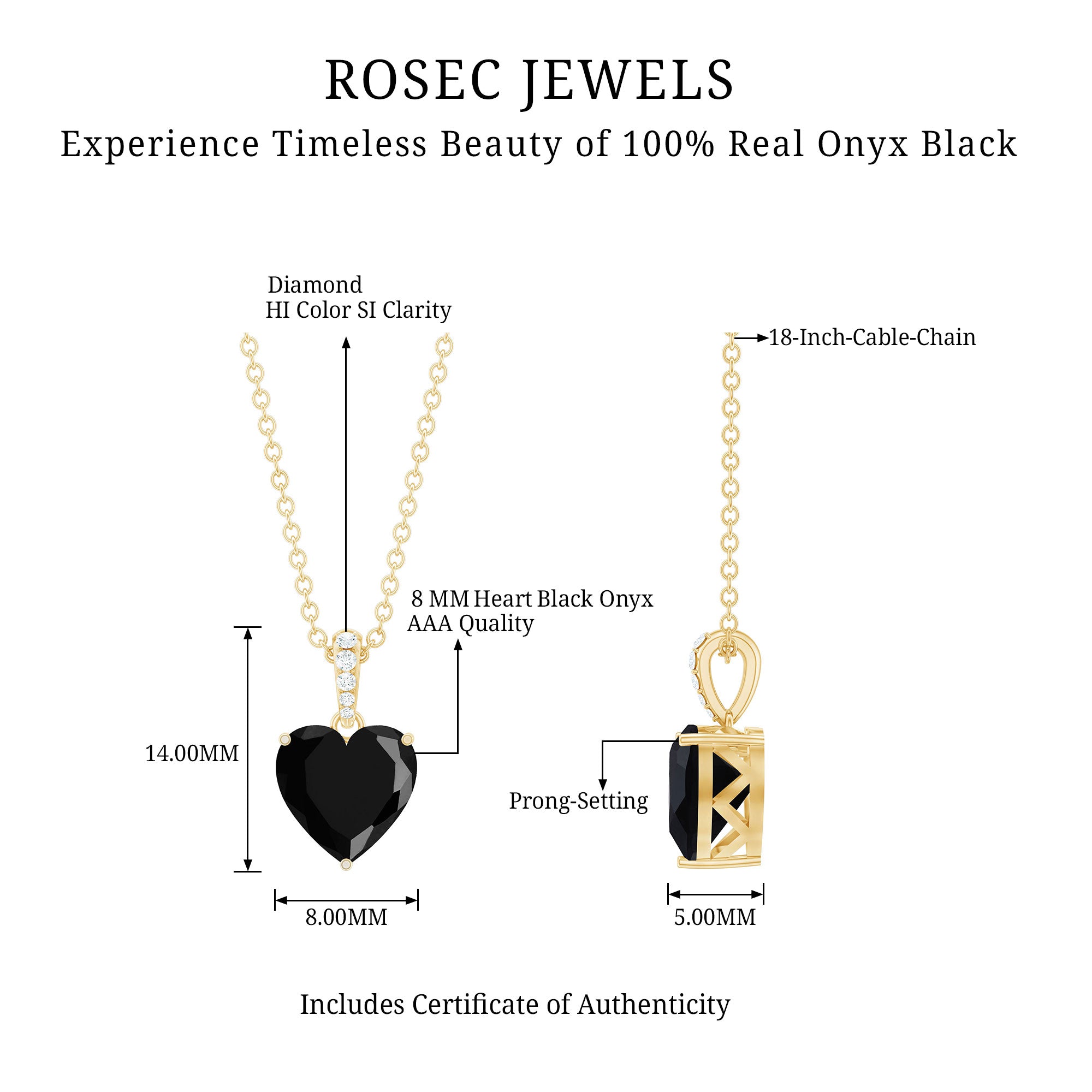 2 Carat Black Onyx Heart Pendant with Diamond AAA - Rosec Jewels