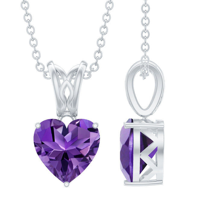8 MM Heart Shape Amethyst Pendant in 3 Prong Setting with Decorative Bail