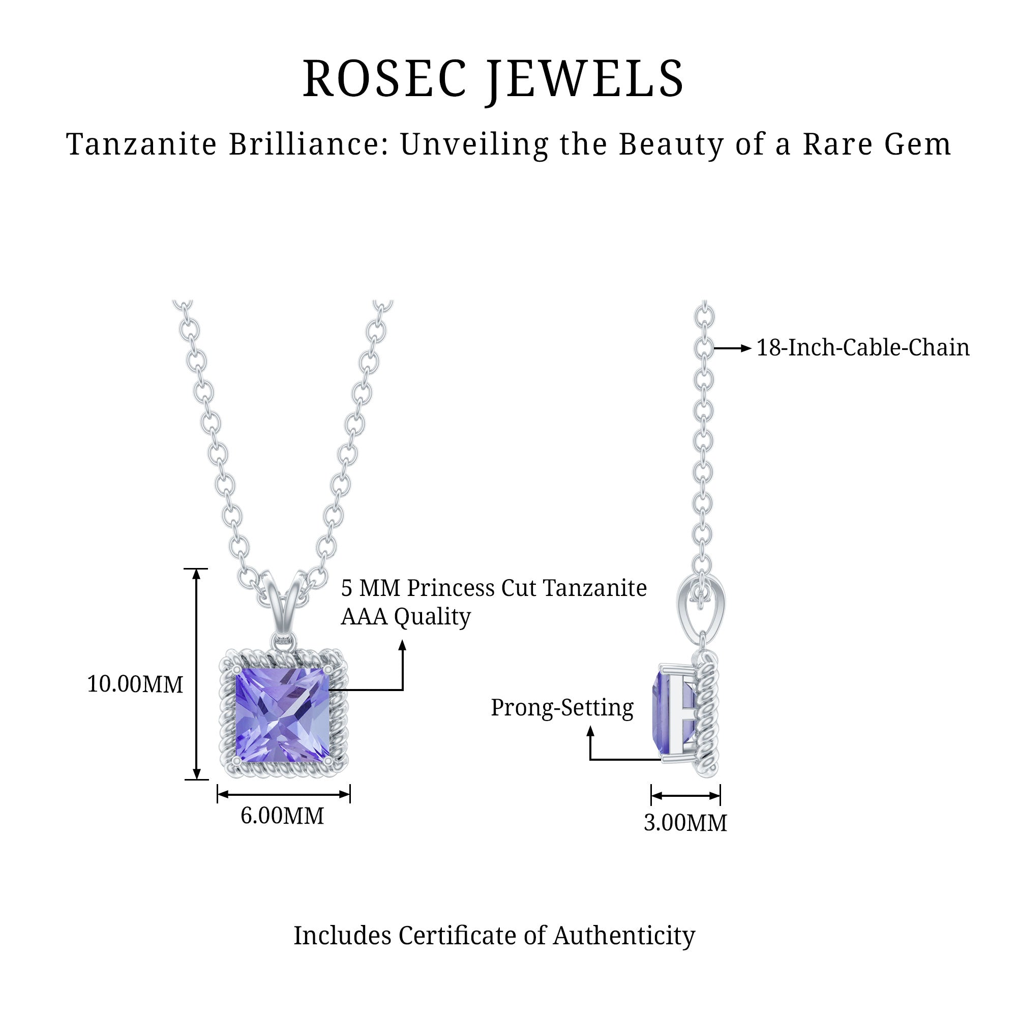 Genuine 0.7 Carat Tanzanite Solitaire Necklace With Silver Chain AAA 92.5 Sterling Silver - Rosec Jewels