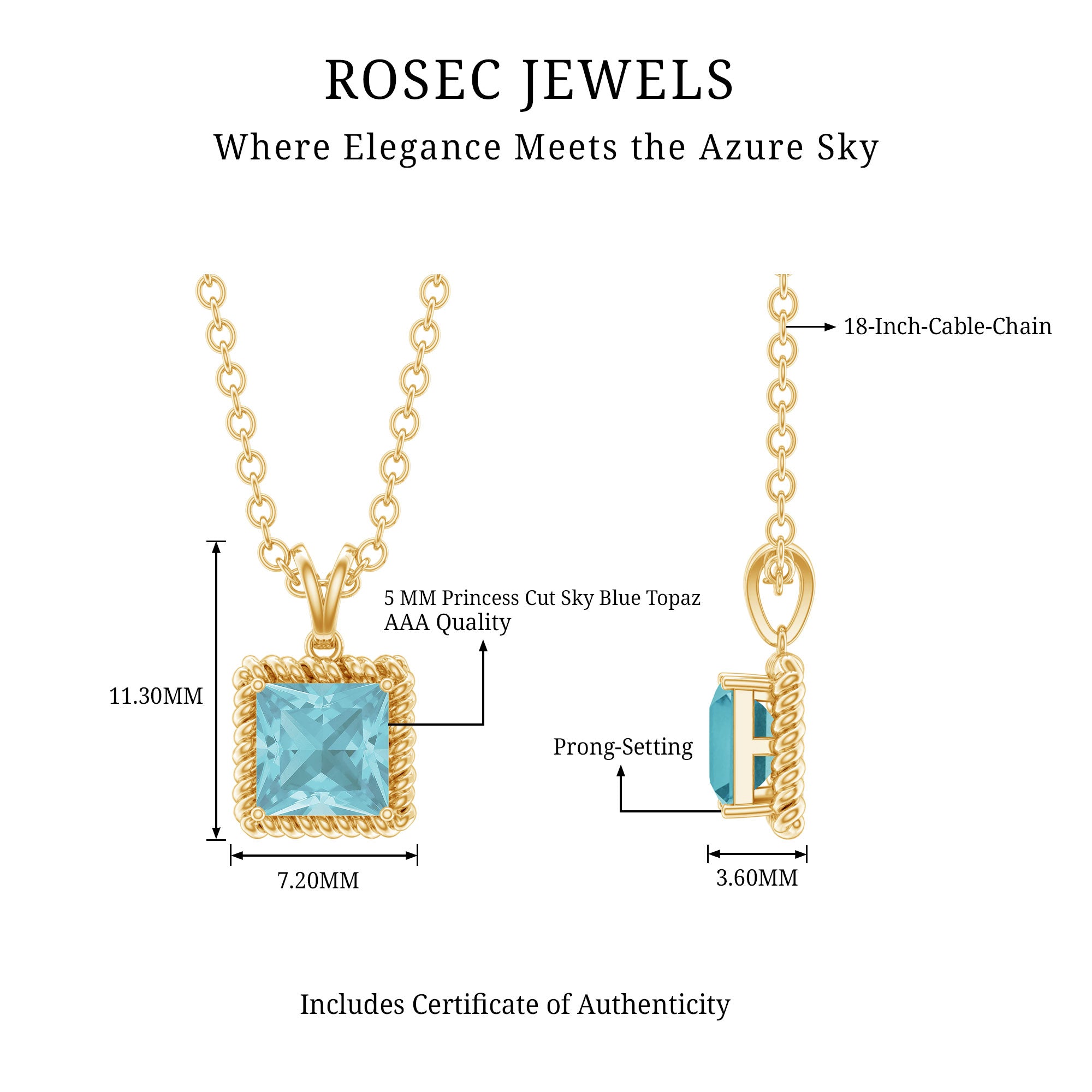 Sterling Silver Half Carat Princess Cut Sky Blue Topaz Pendant Necklace with Chain AAA 14K Yellow Gold Plated Silver - Rosec Jewels