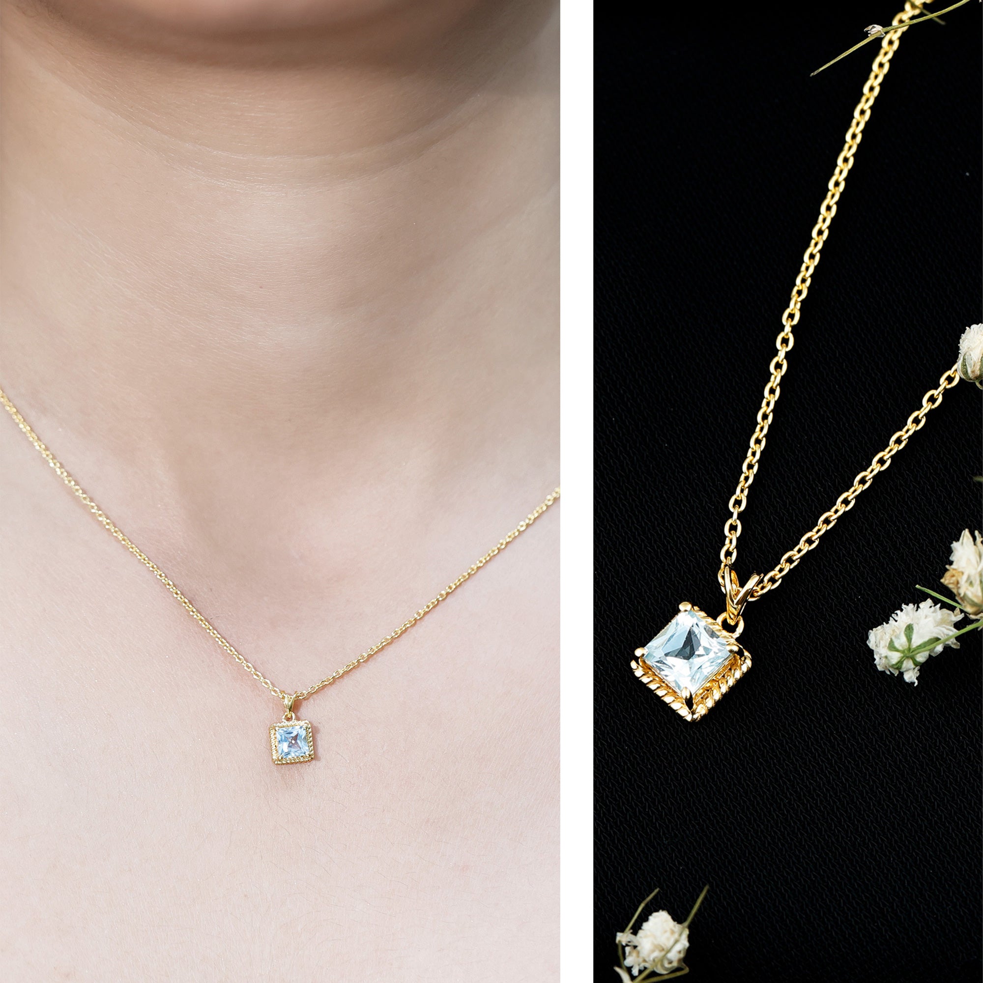 Sterling Silver Half Carat Princess Cut Sky Blue Topaz Pendant Necklace with Chain AAA 14K Yellow Gold Plated Silver - Rosec Jewels