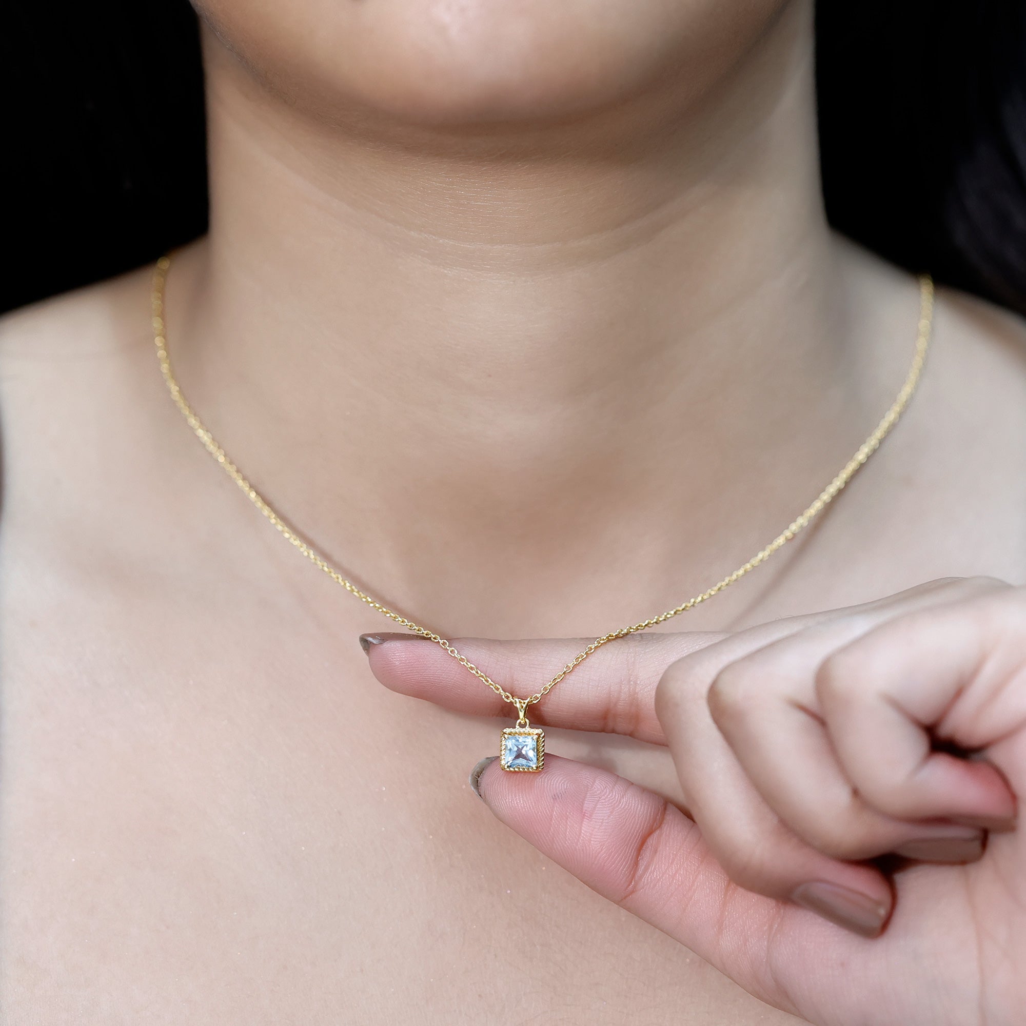 Sterling Silver Half Carat Princess Cut Sky Blue Topaz Pendant Necklace with Chain AAA 14K Yellow Gold Plated Silver - Rosec Jewels