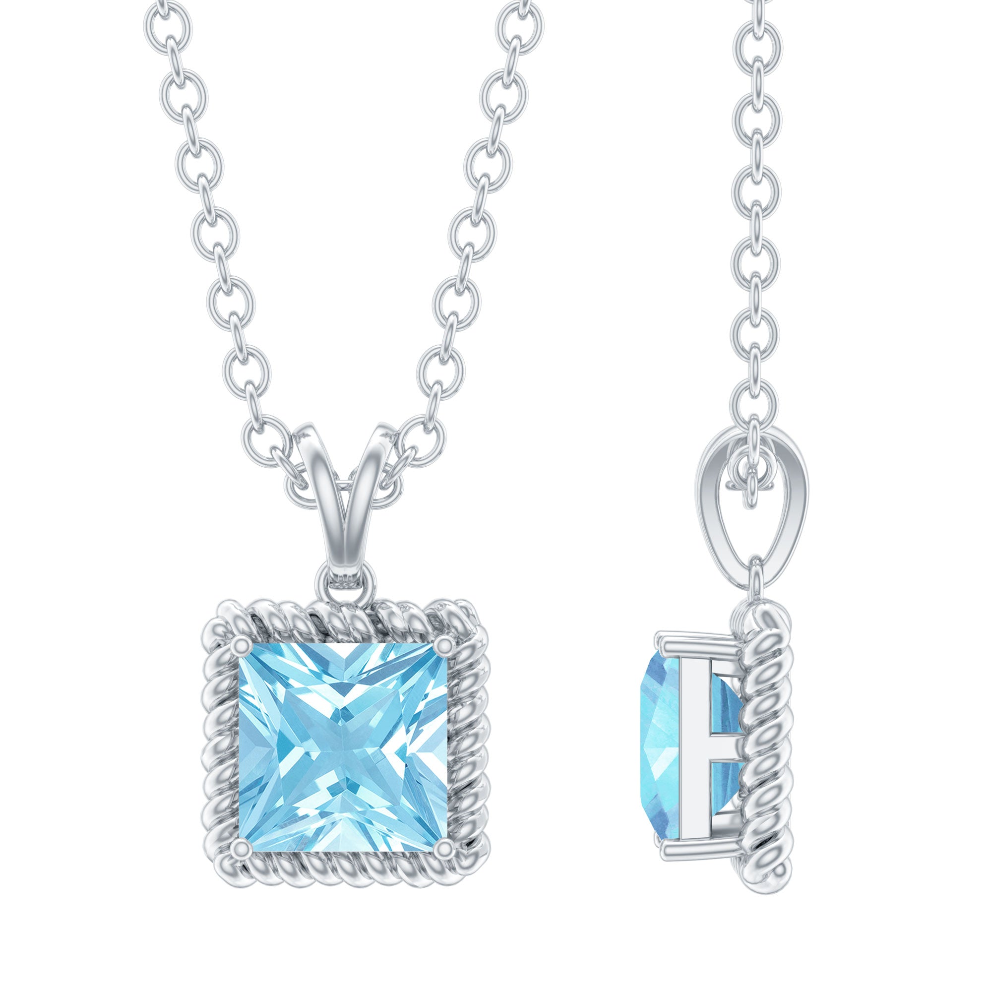 Natural Half Carat Aquamarine Princess Cut Necklace with Silver Chain AAA 92.5 Sterling Silver - Rosec Jewels