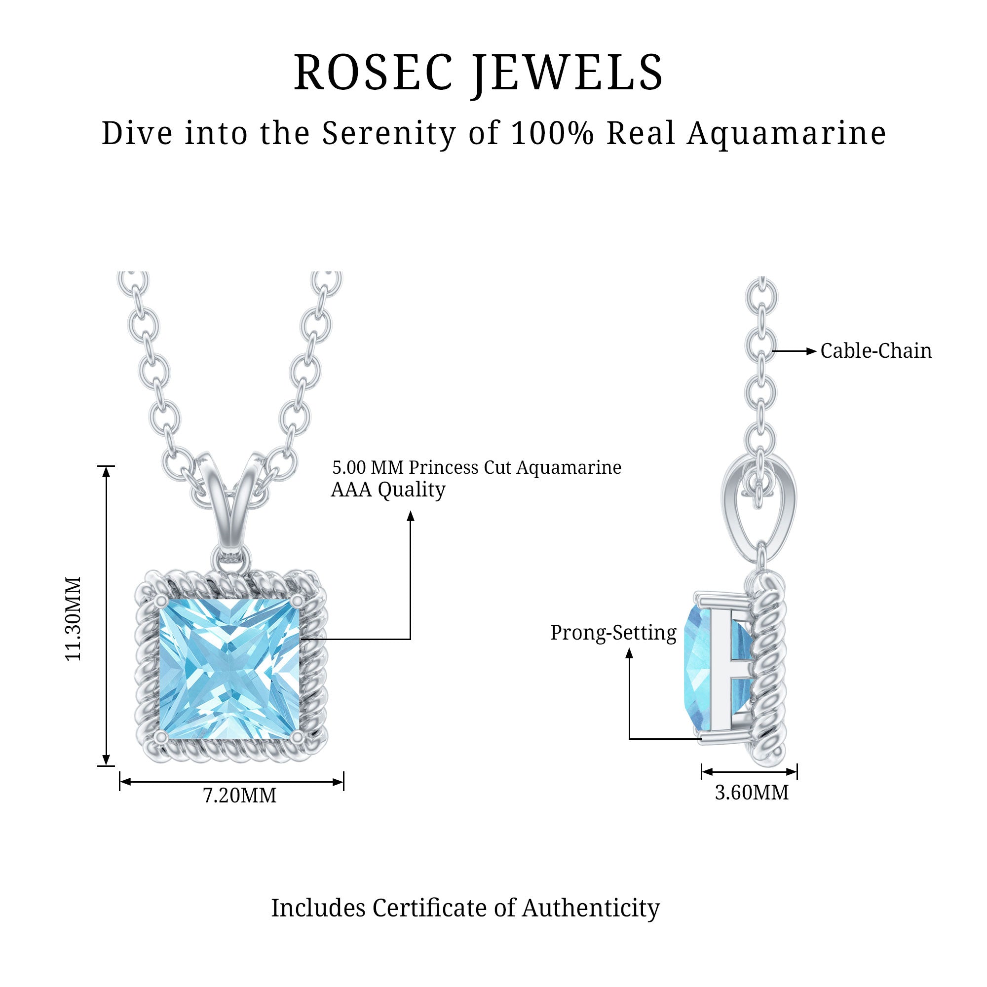 Natural Half Carat Aquamarine Princess Cut Necklace with Silver Chain AAA 92.5 Sterling Silver - Rosec Jewels