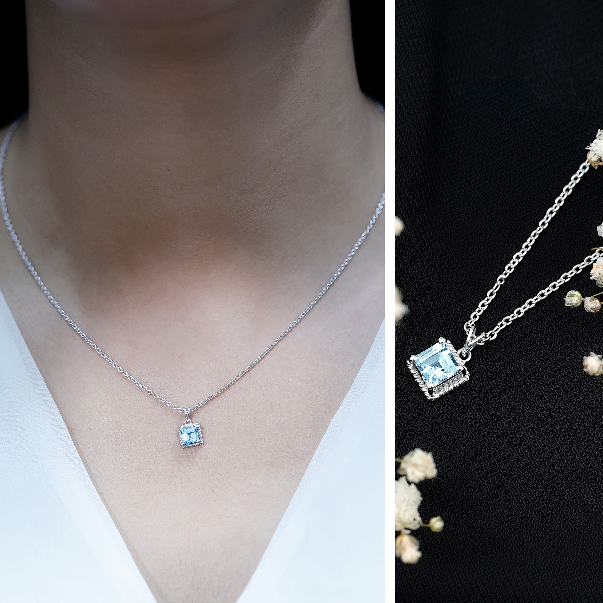 Natural Half Carat Aquamarine Princess Cut Necklace with Silver Chain AAA 92.5 Sterling Silver - Rosec Jewels
