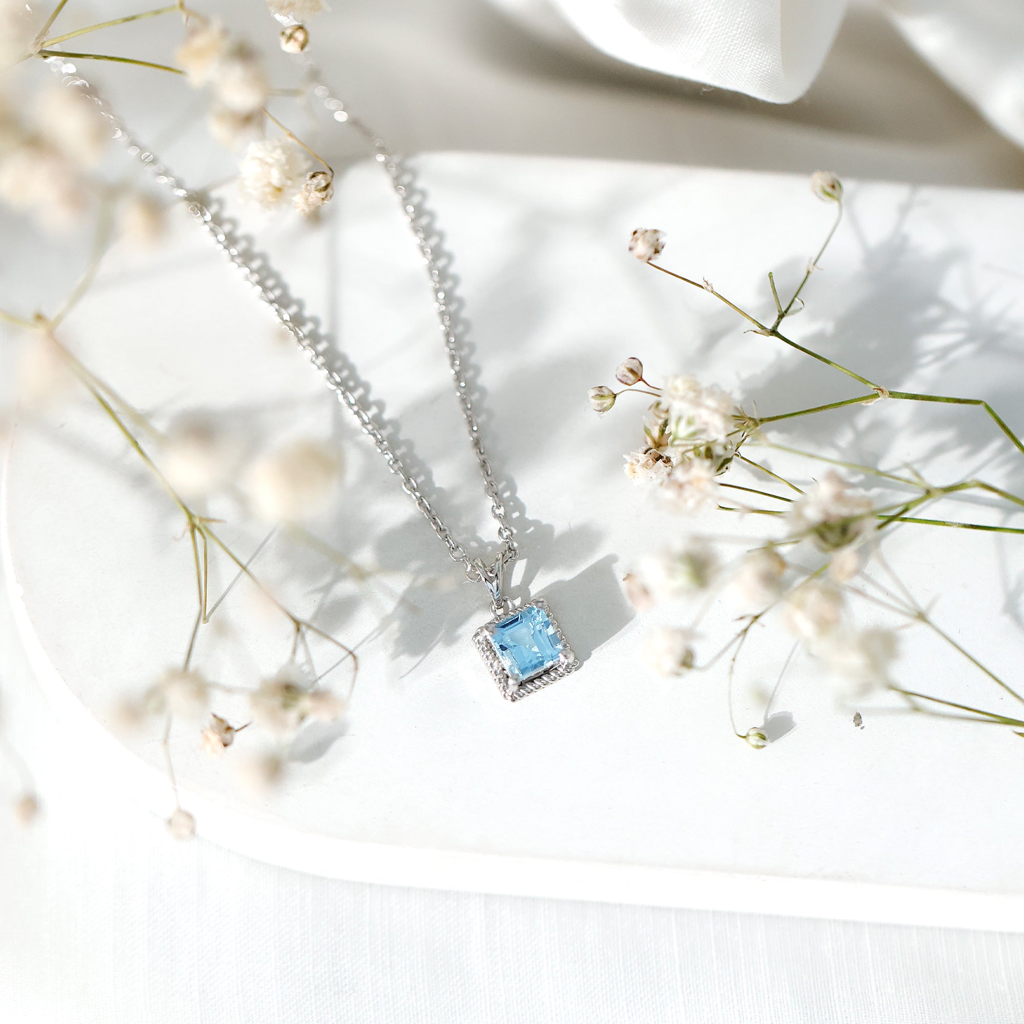 Natural Half Carat Aquamarine Princess Cut Necklace with Silver Chain AAA 92.5 Sterling Silver - Rosec Jewels
