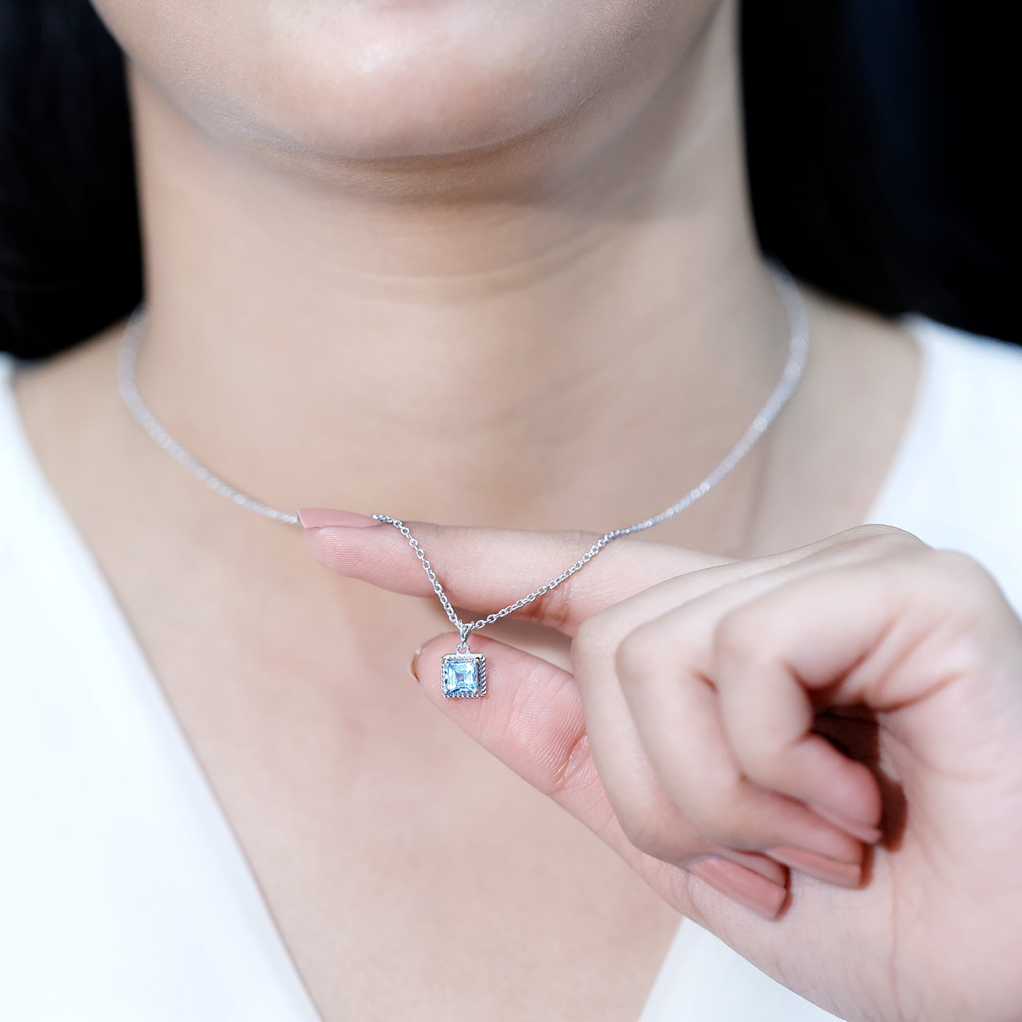 Natural Half Carat Aquamarine Princess Cut Necklace with Silver Chain AAA 92.5 Sterling Silver - Rosec Jewels