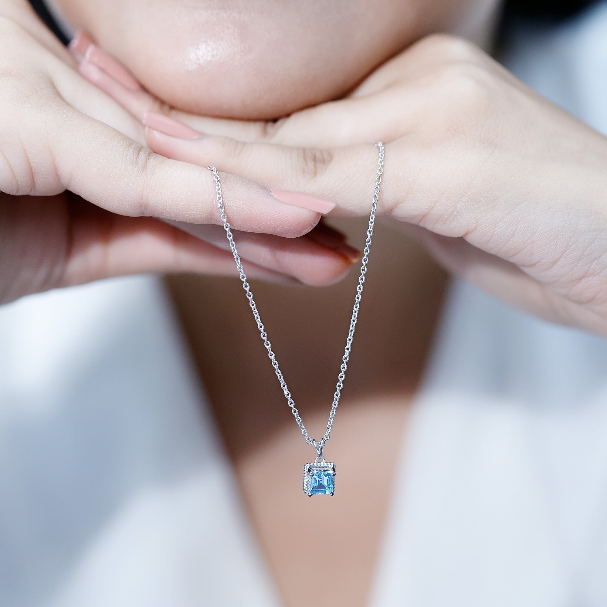 Natural Half Carat Aquamarine Princess Cut Necklace with Silver Chain AAA 92.5 Sterling Silver - Rosec Jewels