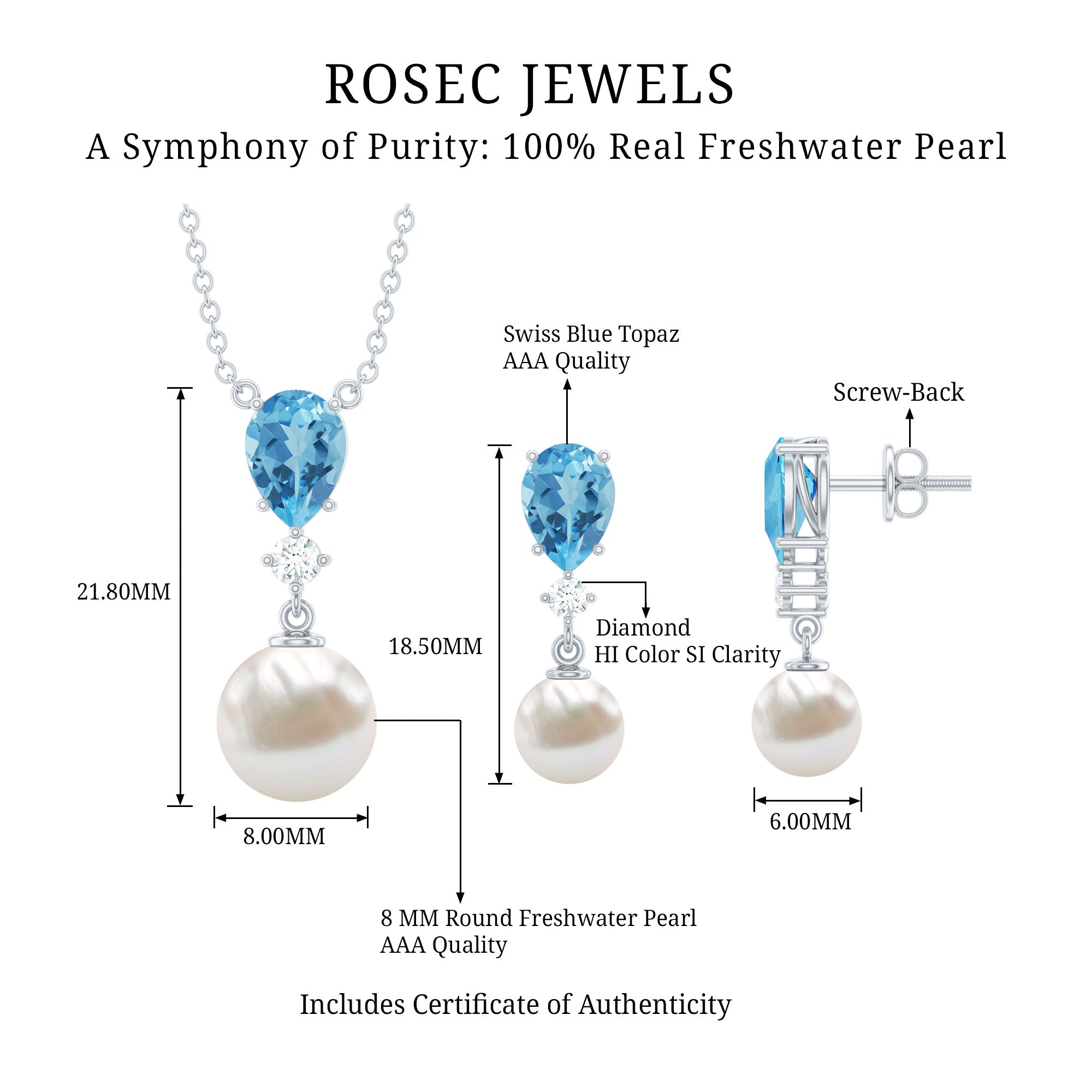 Swiss Blue Topaz and Diamond Jewelry Set with Freshwater Pearl Drop AAA - Rosec Jewels