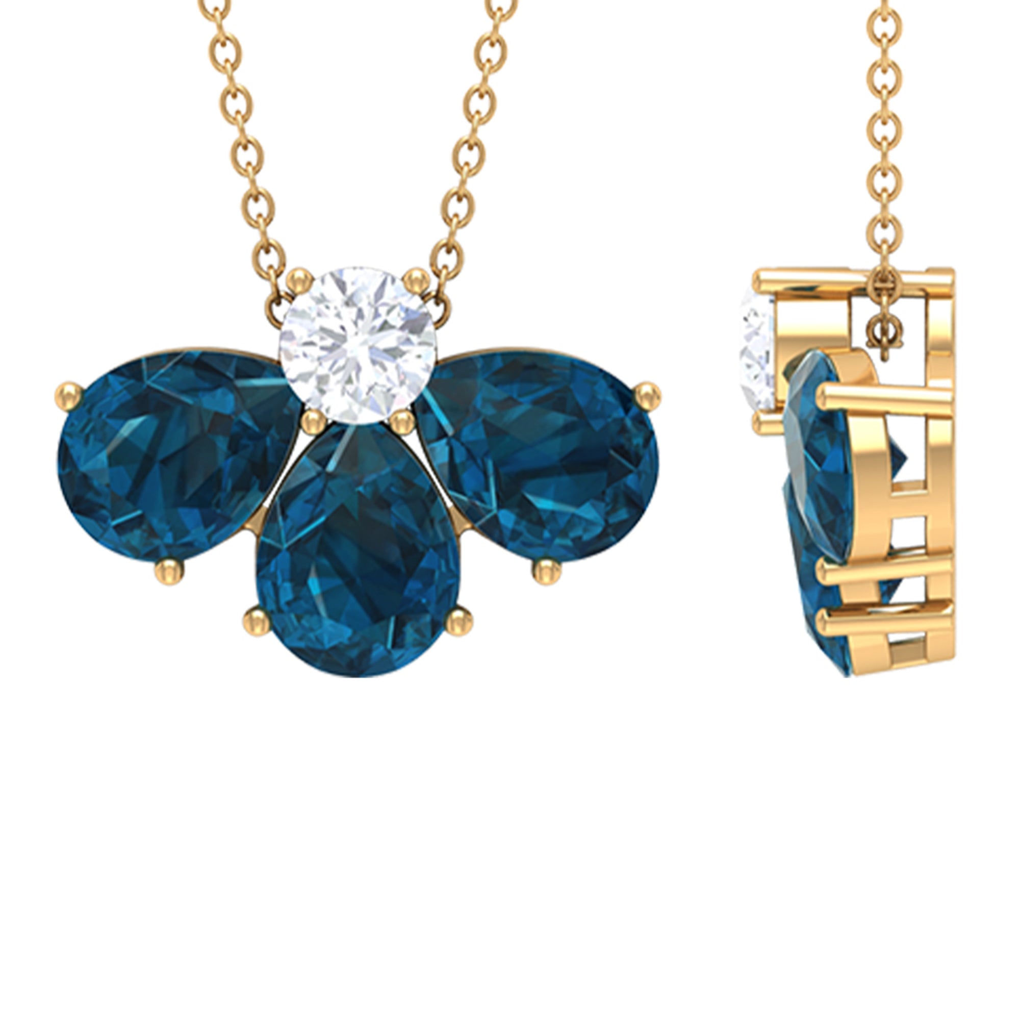Real 2.37 Carat Pear Cut London Blue Topaz Flower Necklace AAA - Rosec Jewels