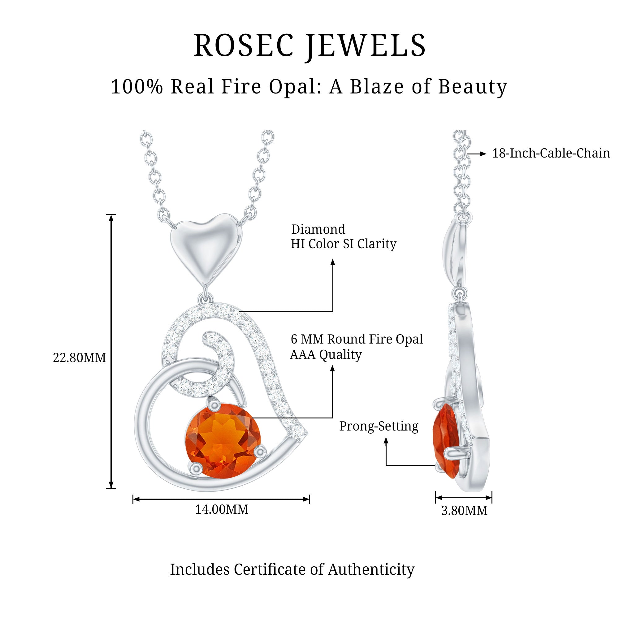 6MM Round Fire Opal and Diamond Heart Pendant Necklace AAA - Rosec Jewels