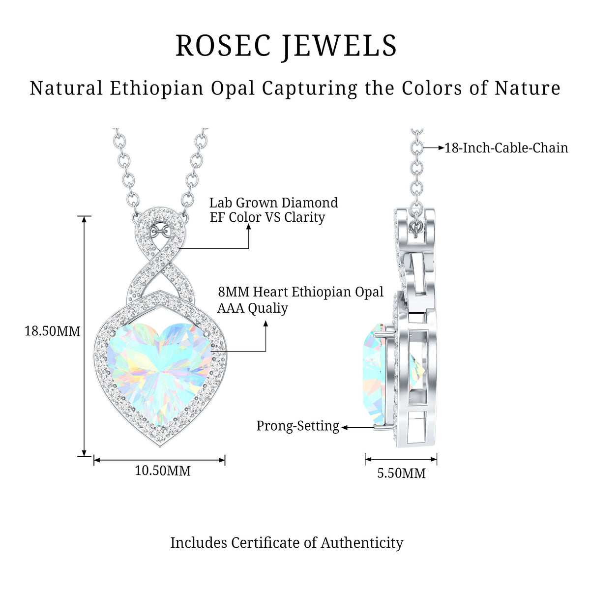 2 Carat Heart Shape Ethiopian Opal Infinity Pendant with Diamond AAA - Rosec Jewels