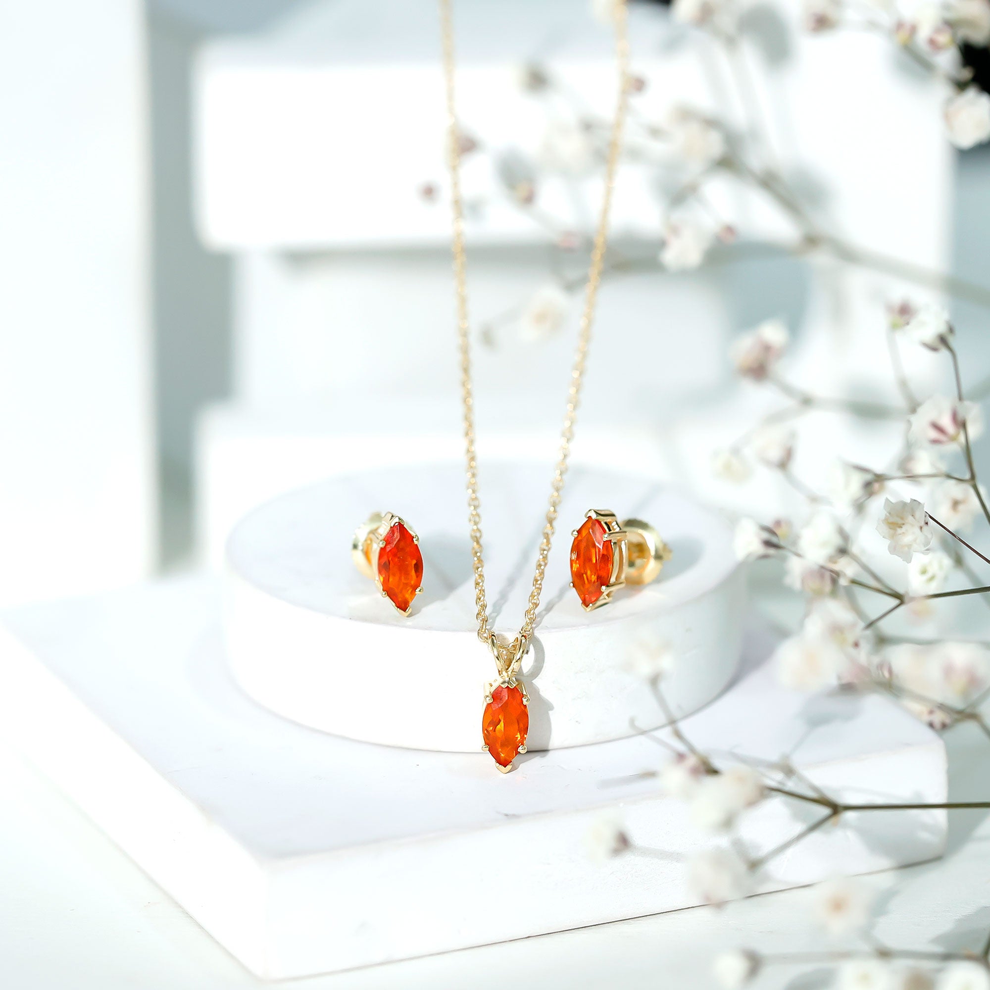 Genuine Marquise Cut Fire Opal Solitaire Necklace and Earring Set AAA - Rosec Jewels