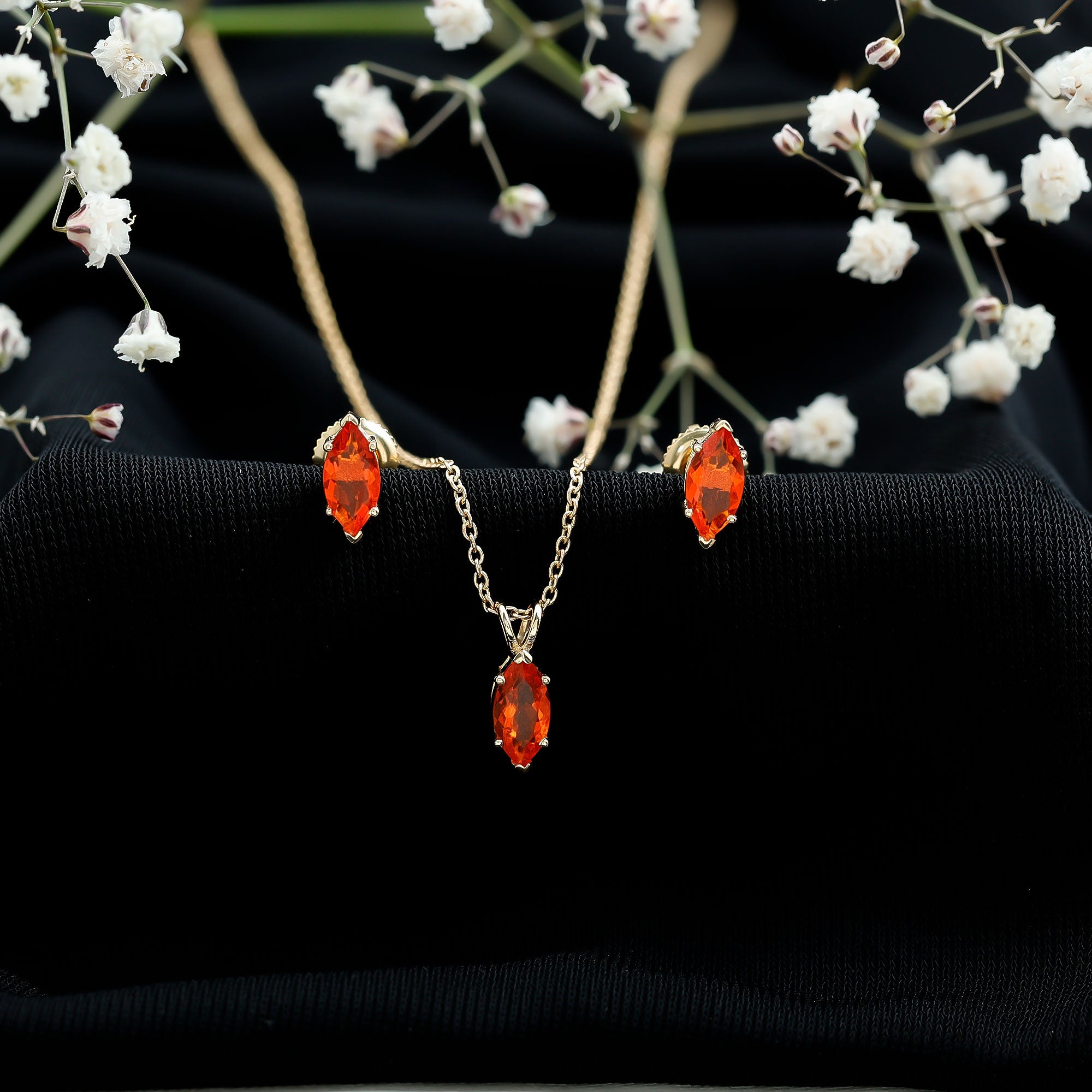 Genuine Marquise Cut Fire Opal Solitaire Necklace and Earring Set AAA - Rosec Jewels
