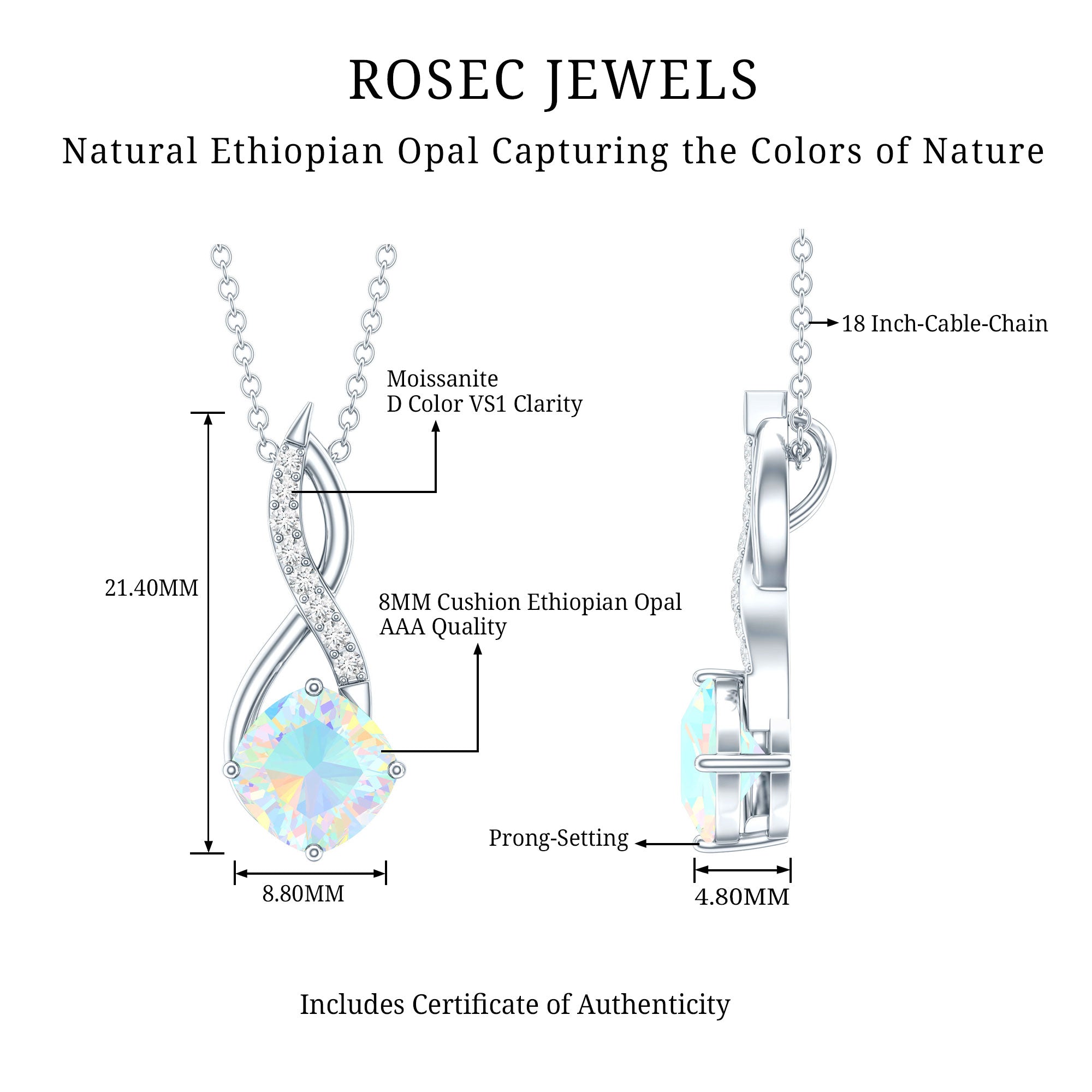 1.87 Carat Cushion Cut Ethiopian Opal Infinity Pendant with Silver Chain AAA 92.5 Sterling Silver - Rosec Jewels