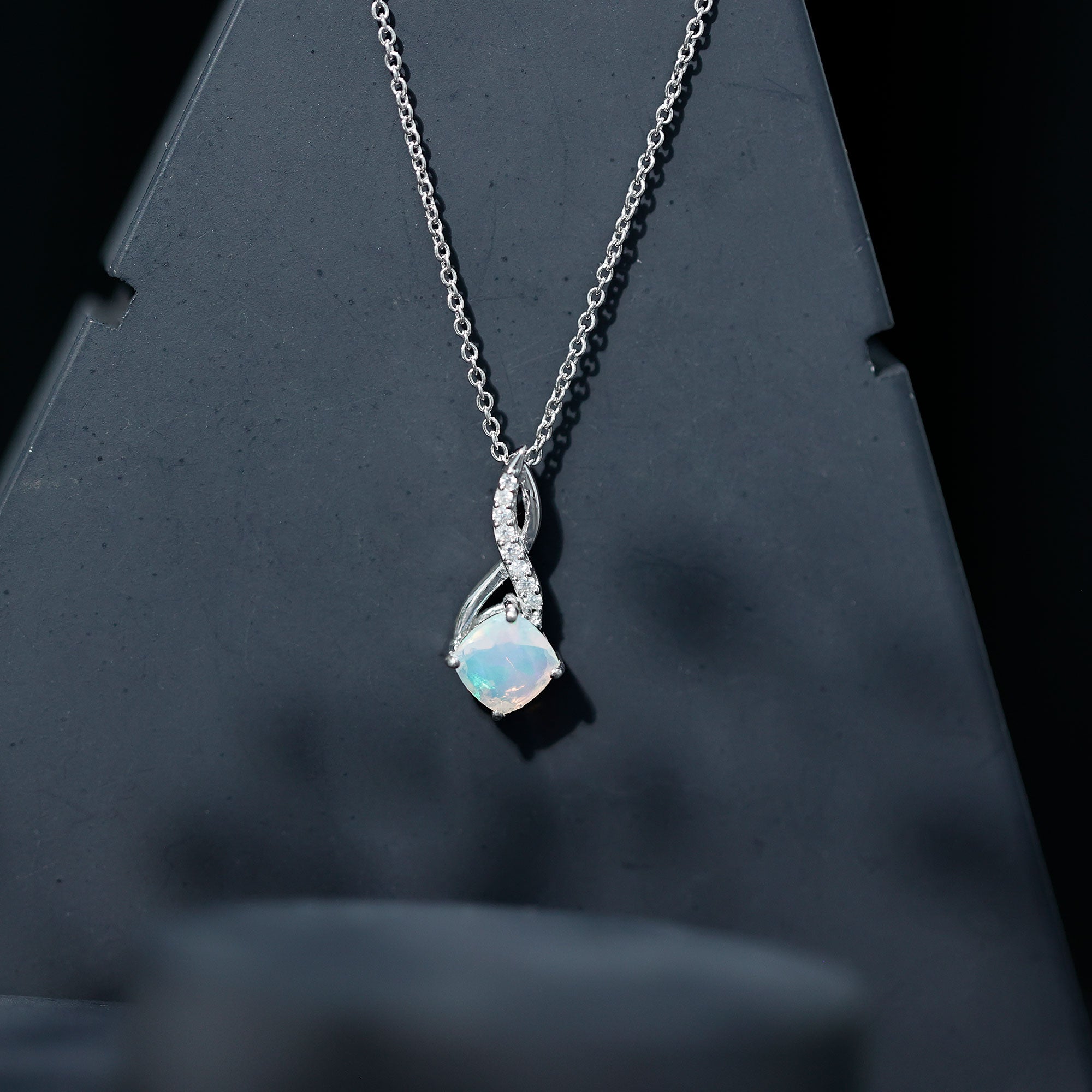 1.87 Carat Cushion Cut Ethiopian Opal Infinity Pendant with Silver Chain AAA 92.5 Sterling Silver - Rosec Jewels