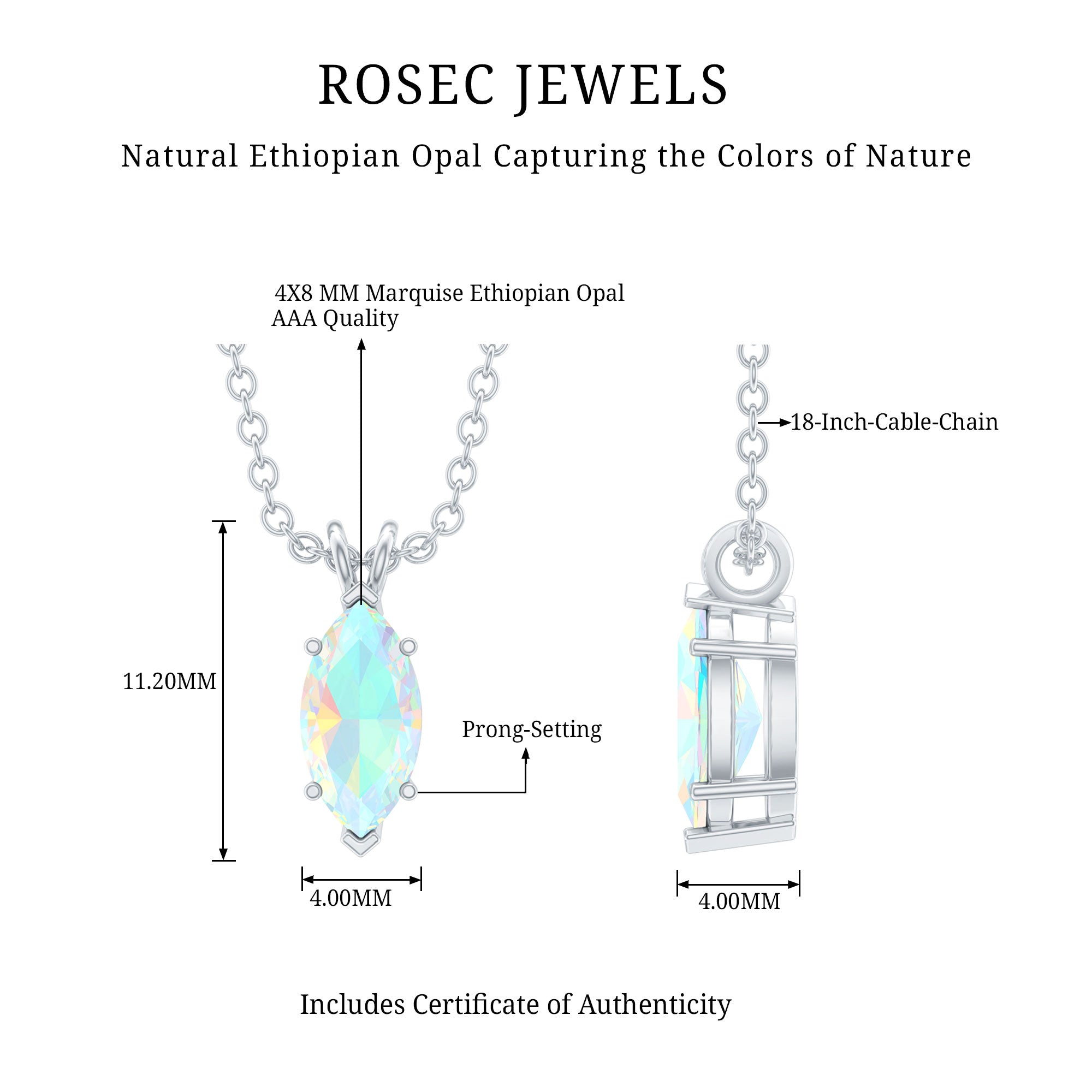 Marquise Cut 0.5 Carat Ethiopian Opal Solitaire Necklace with Silver Chain AAA 92.5 Sterling Silver - Rosec Jewels