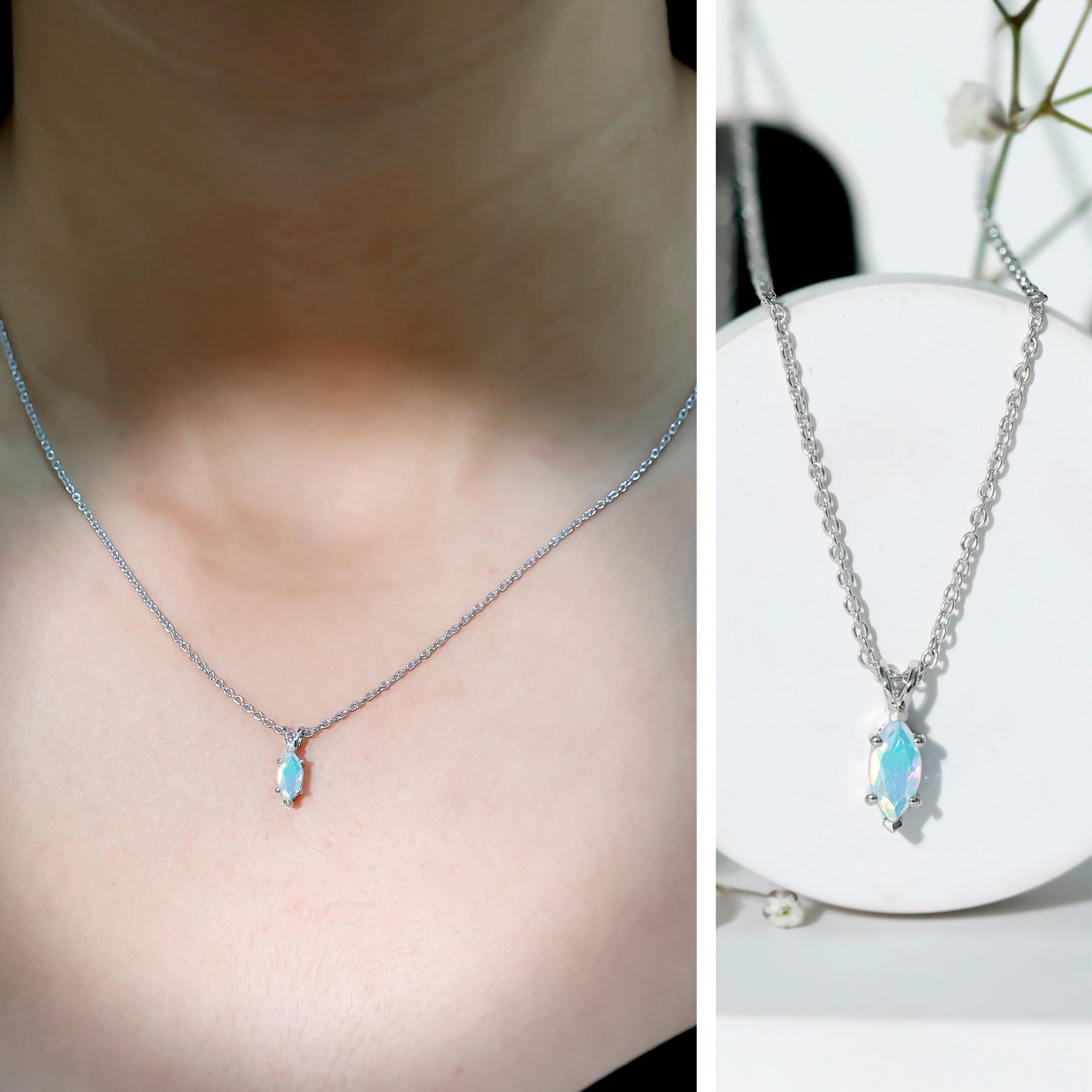 Marquise Cut 0.5 Carat Ethiopian Opal Solitaire Necklace with Silver Chain AAA 92.5 Sterling Silver - Rosec Jewels