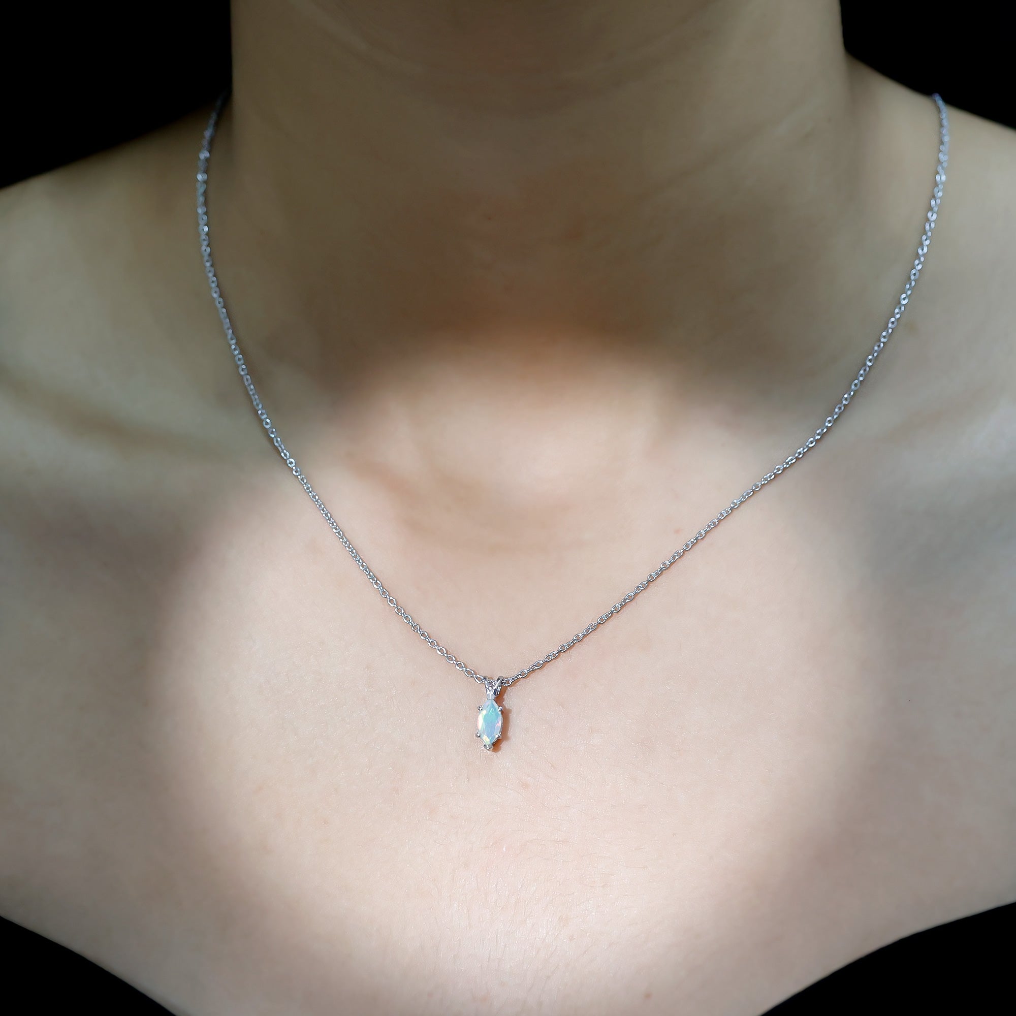 Marquise Cut 0.5 Carat Ethiopian Opal Solitaire Necklace with Silver Chain AAA 92.5 Sterling Silver - Rosec Jewels