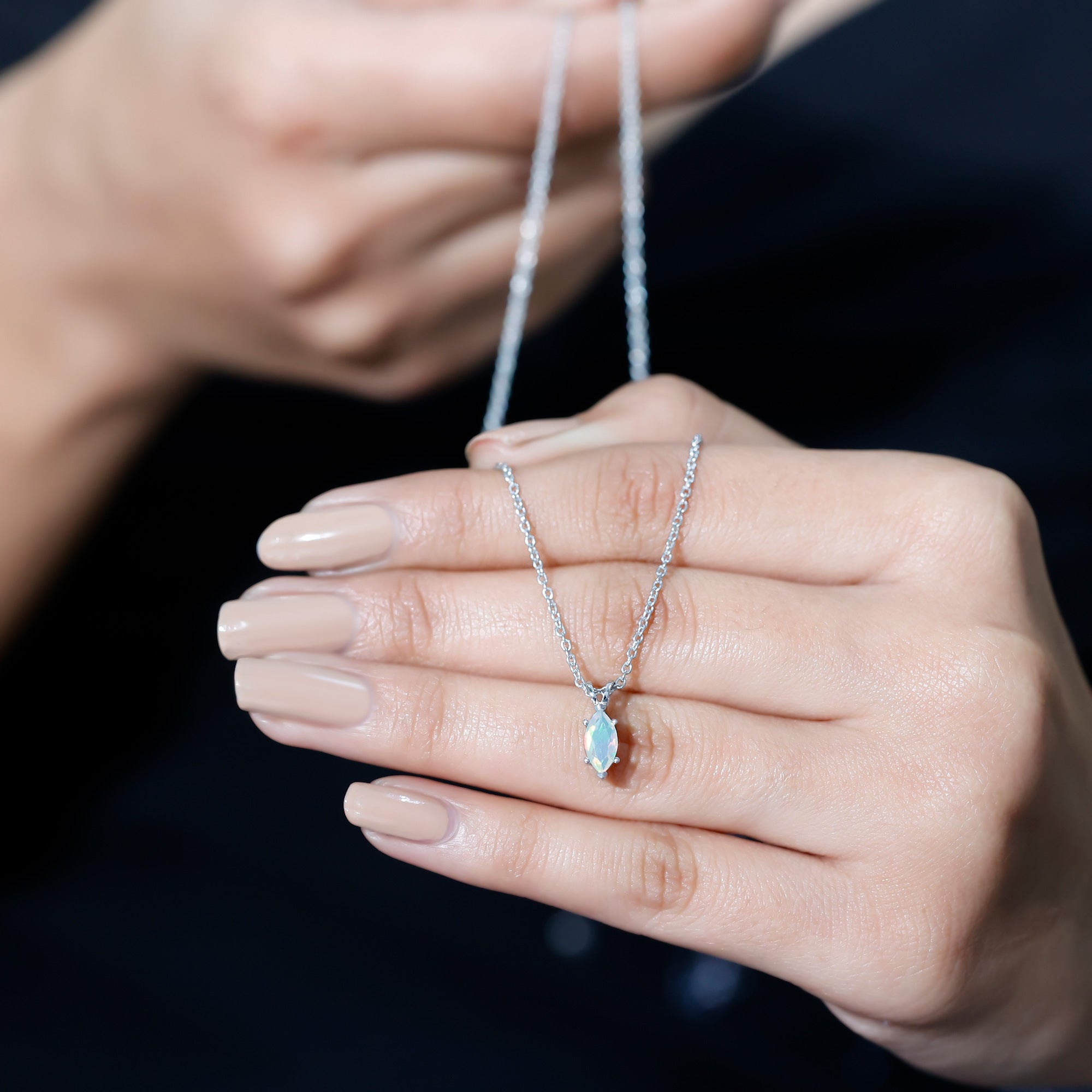 Marquise Cut 0.5 Carat Ethiopian Opal Solitaire Necklace with Silver Chain AAA 92.5 Sterling Silver - Rosec Jewels