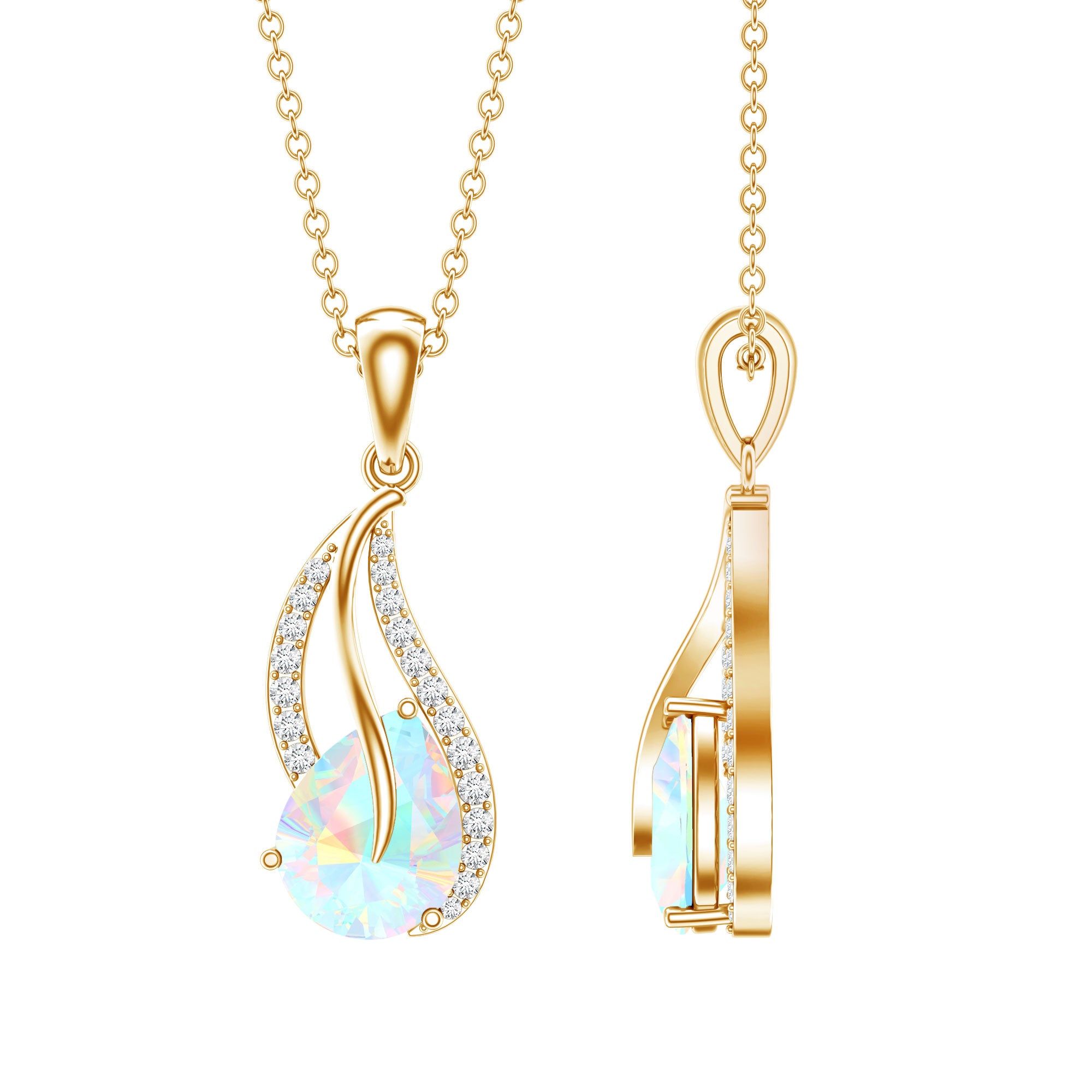 2 Carat Pear Shaped Ethiopian Opal and Diamond Leaf Pendant AAA - Rosec Jewels
