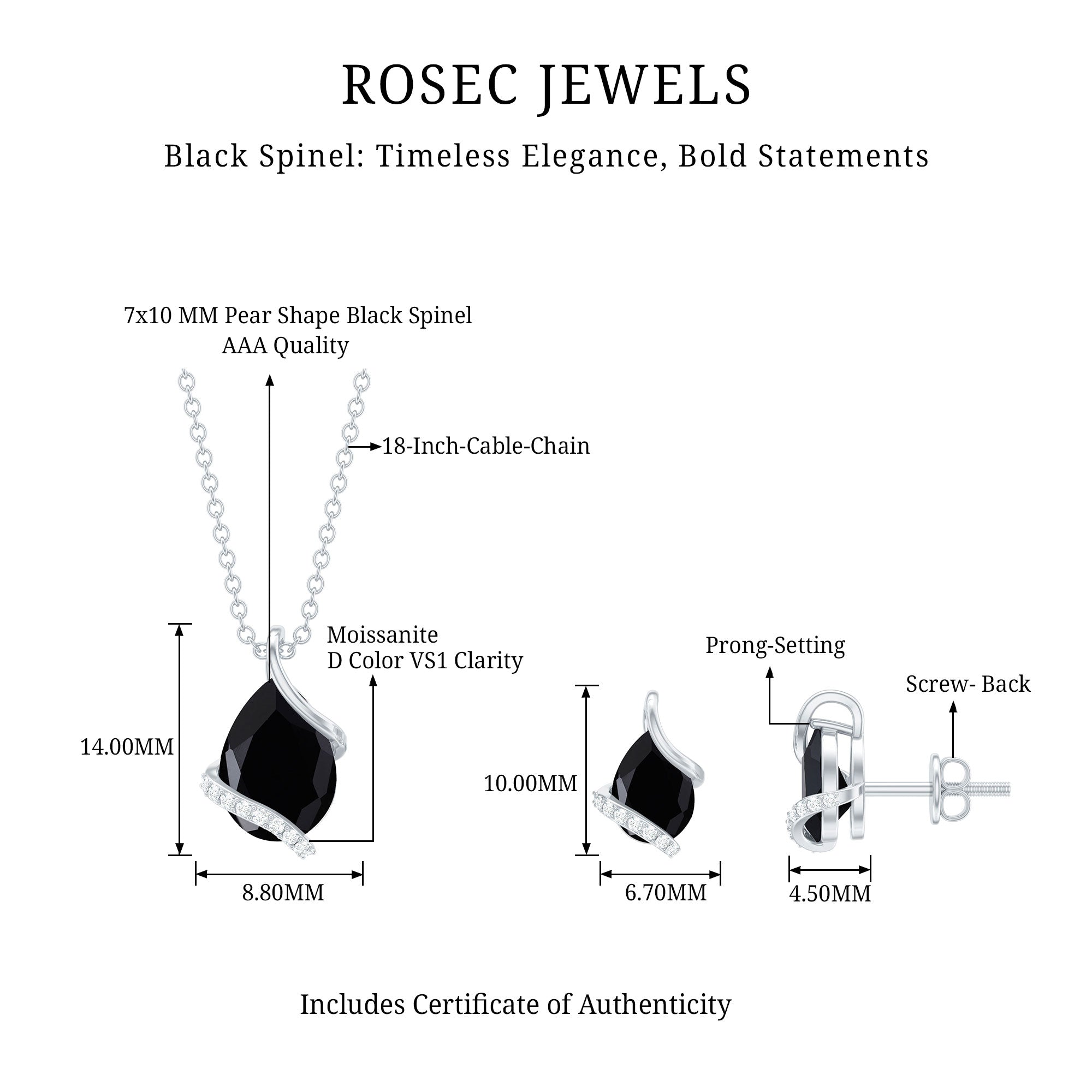 3 CT Black Spinel and Moissanite Teardrop Necklace Earrings Set AAA - Rosec Jewels