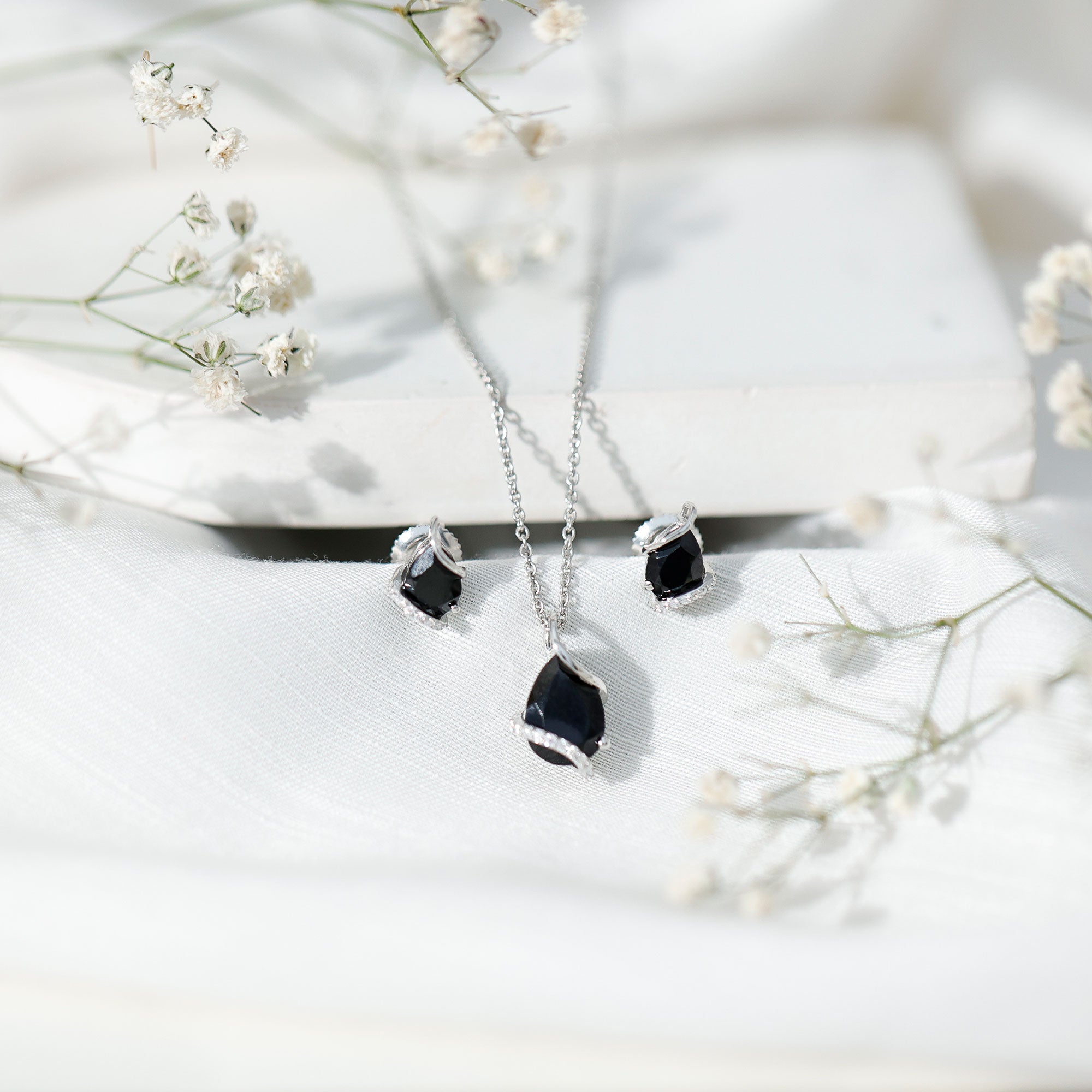3 CT Black Spinel and Moissanite Teardrop Necklace Earrings Set AAA - Rosec Jewels