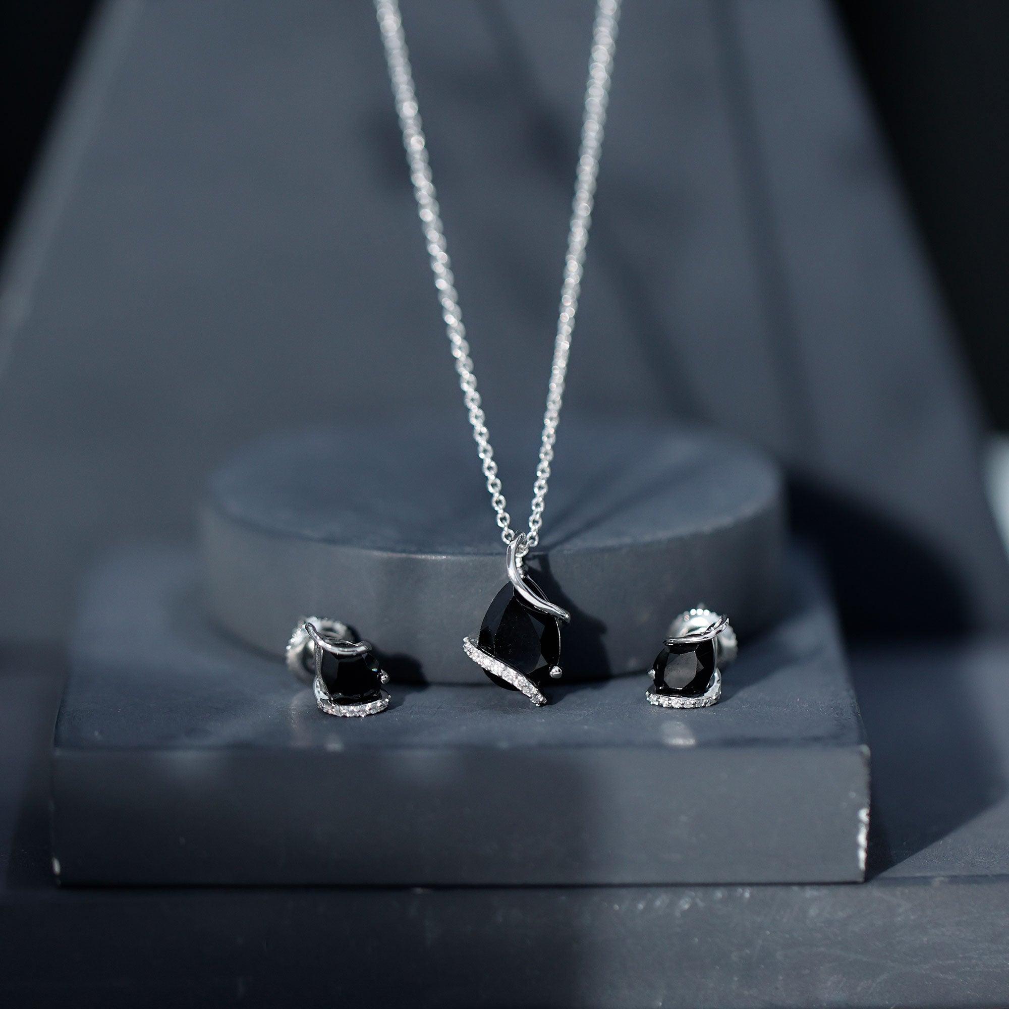 3 CT Black Spinel and Moissanite Teardrop Necklace Earrings Set AAA - Rosec Jewels