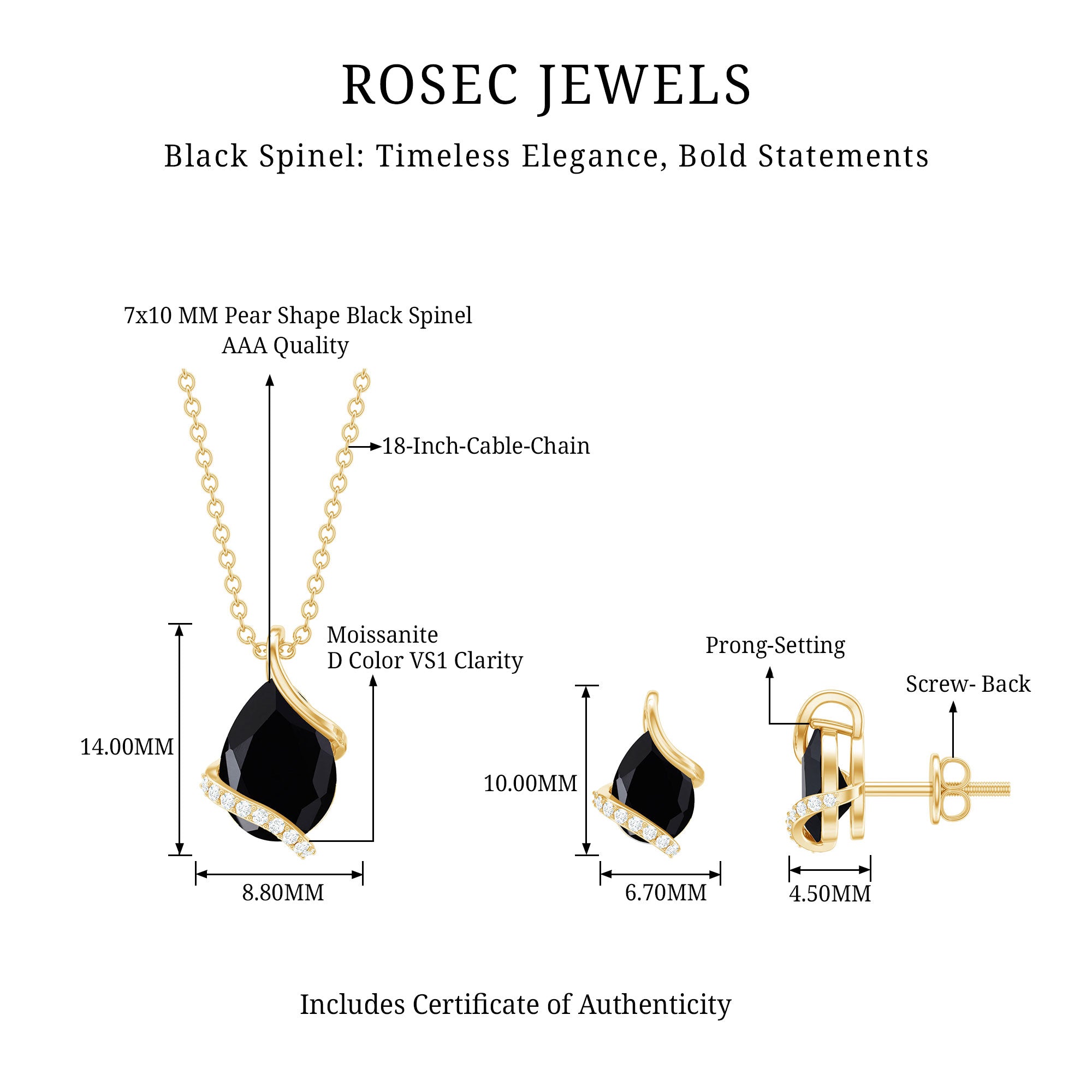 3 CT Black Spinel and Moissanite Teardrop Necklace Earrings Set AAA - Rosec Jewels