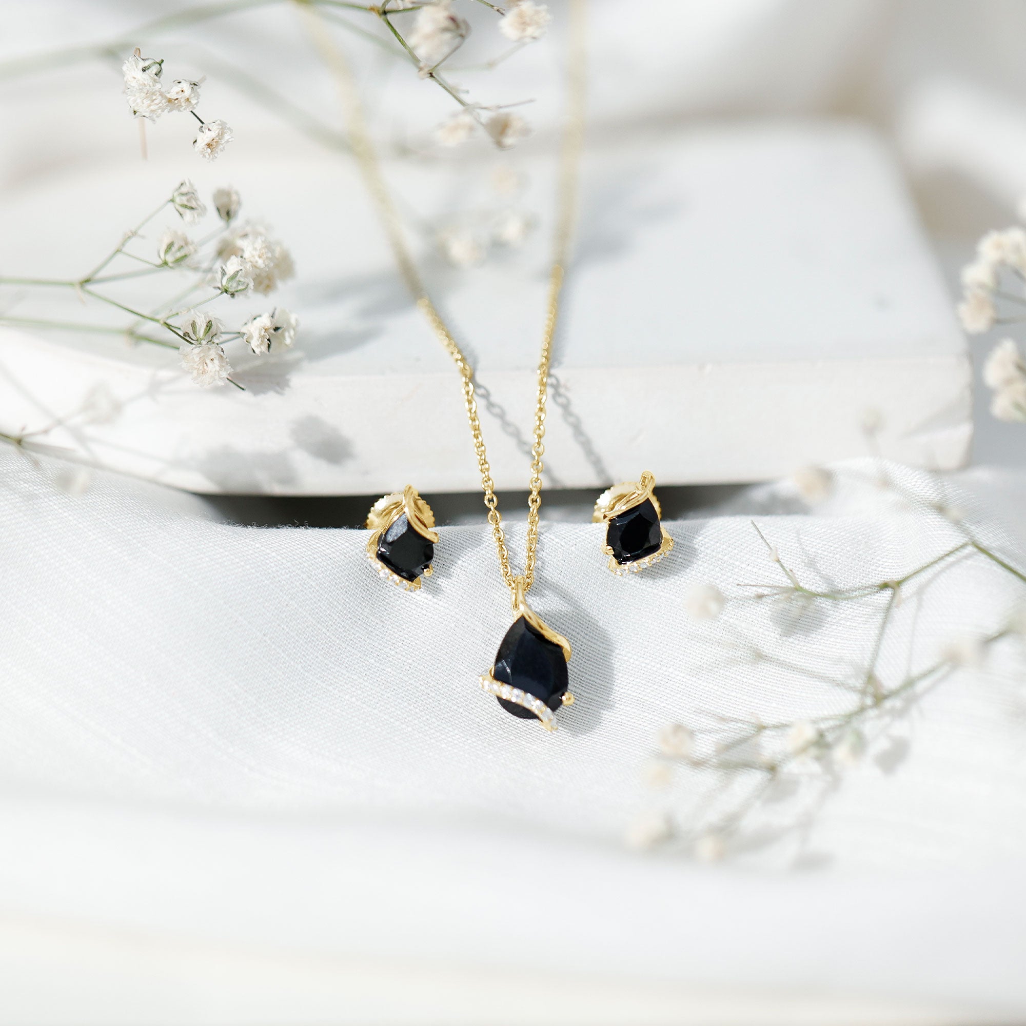 3 CT Black Spinel and Moissanite Teardrop Necklace Earrings Set AAA - Rosec Jewels
