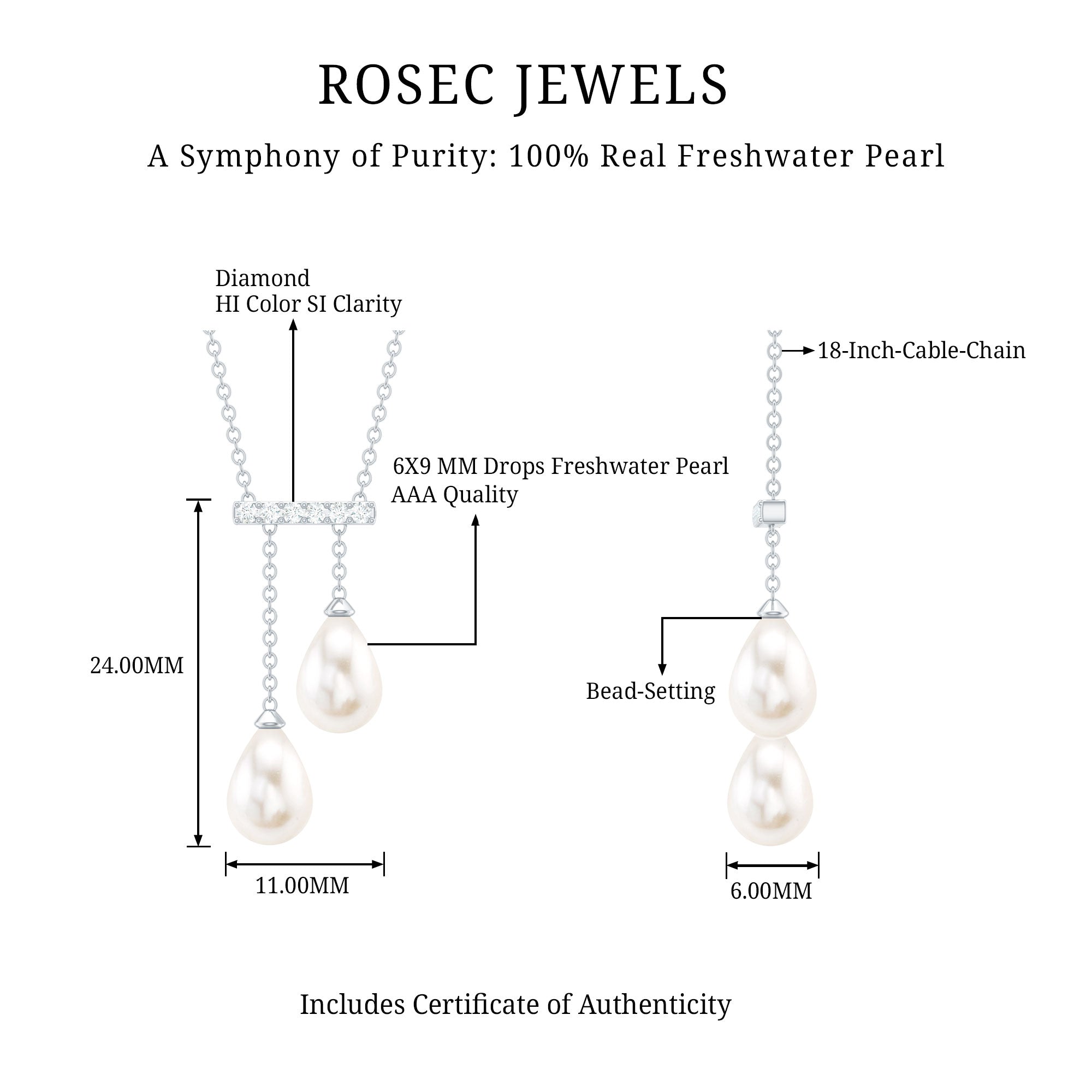 Genuine Freshwater Pearl and Diamond Bar Drop Necklace with Certificate AAA - Rosec Jewels