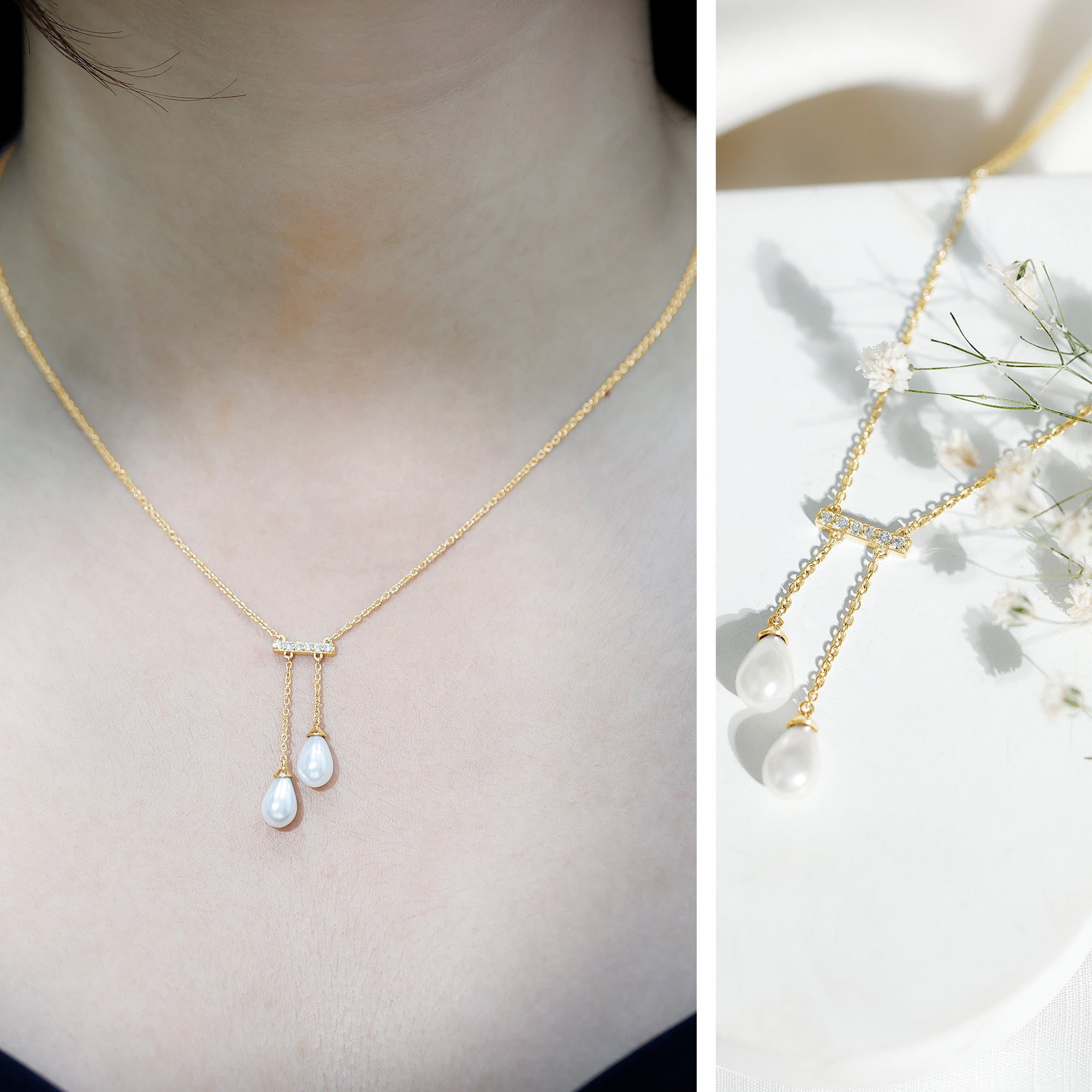 Genuine Freshwater Pearl and Diamond Bar Drop Necklace with Certificate AAA - Rosec Jewels
