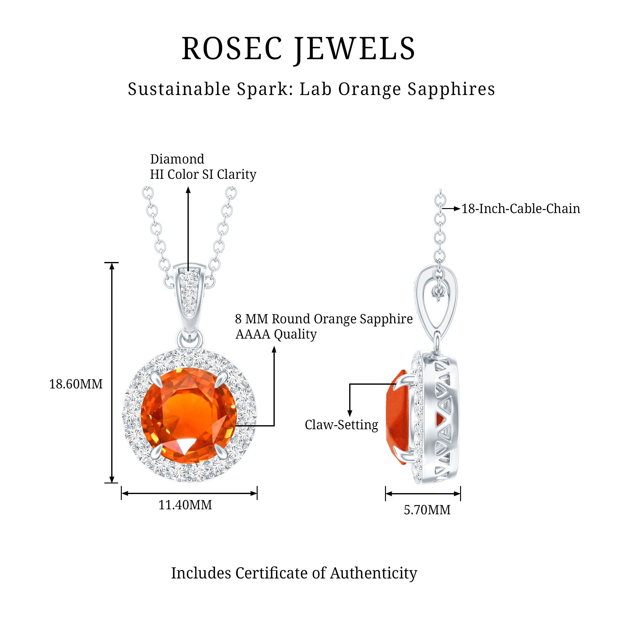 Created Orange Sapphire Pendant Necklace with Diamond Halo AAAA - Rosec Jewels