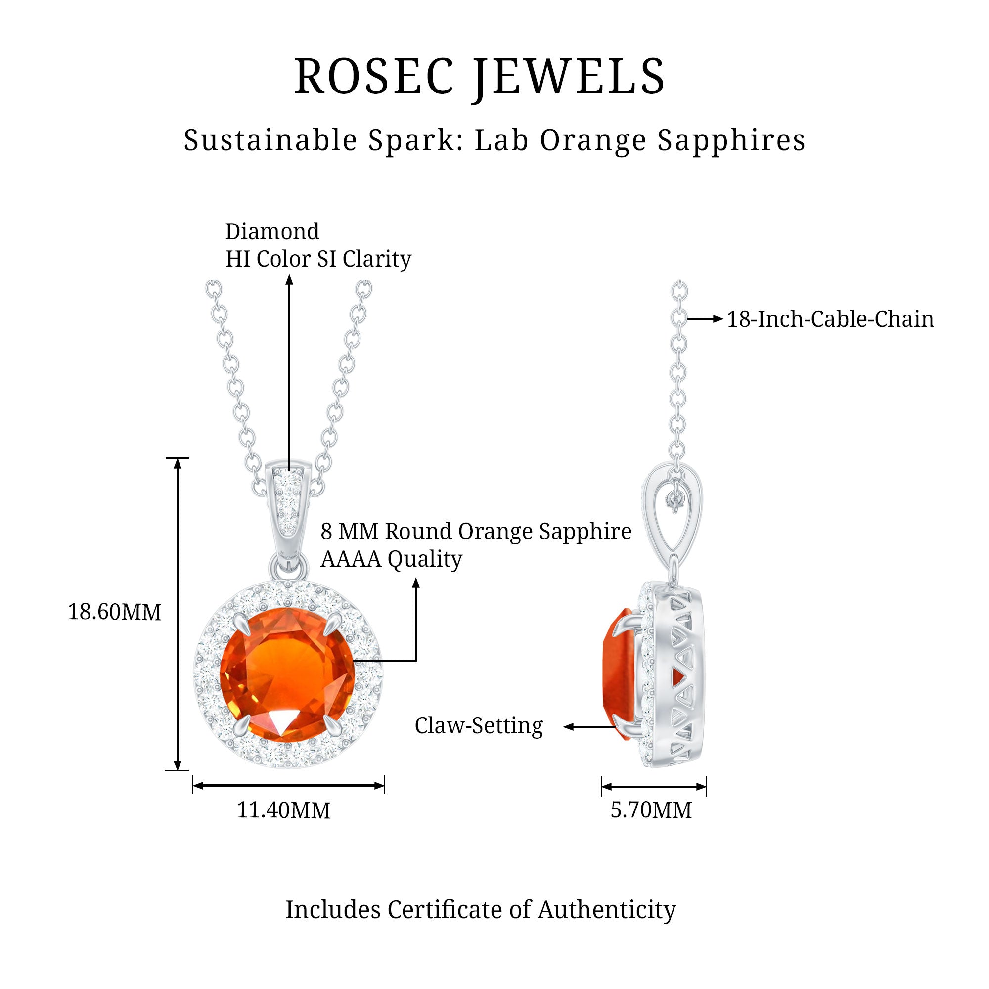 Created Orange Sapphire Pendant Necklace with Diamond Halo AAAA - Rosec Jewels