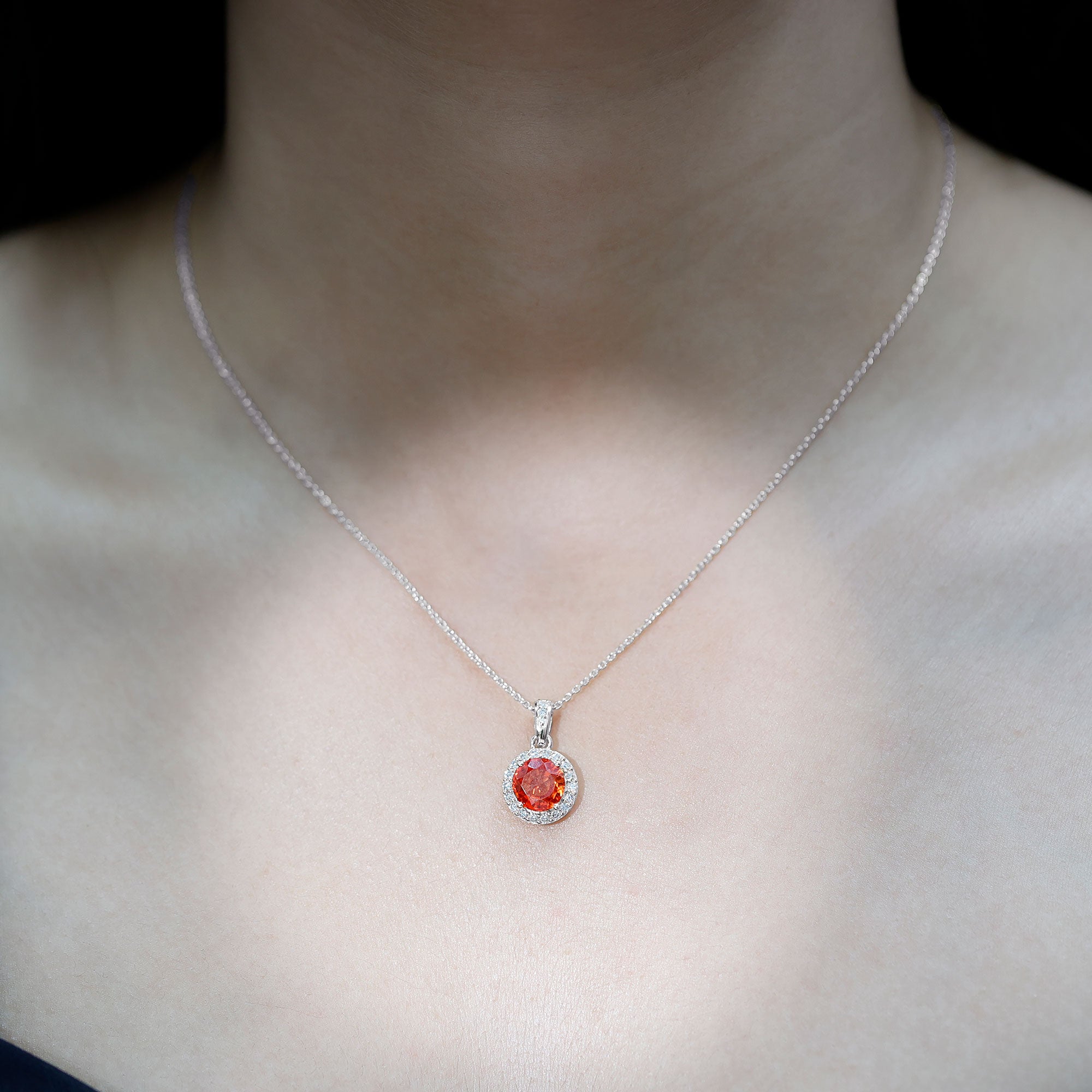Created Orange Sapphire Pendant Necklace with Diamond Halo AAAA - Rosec Jewels